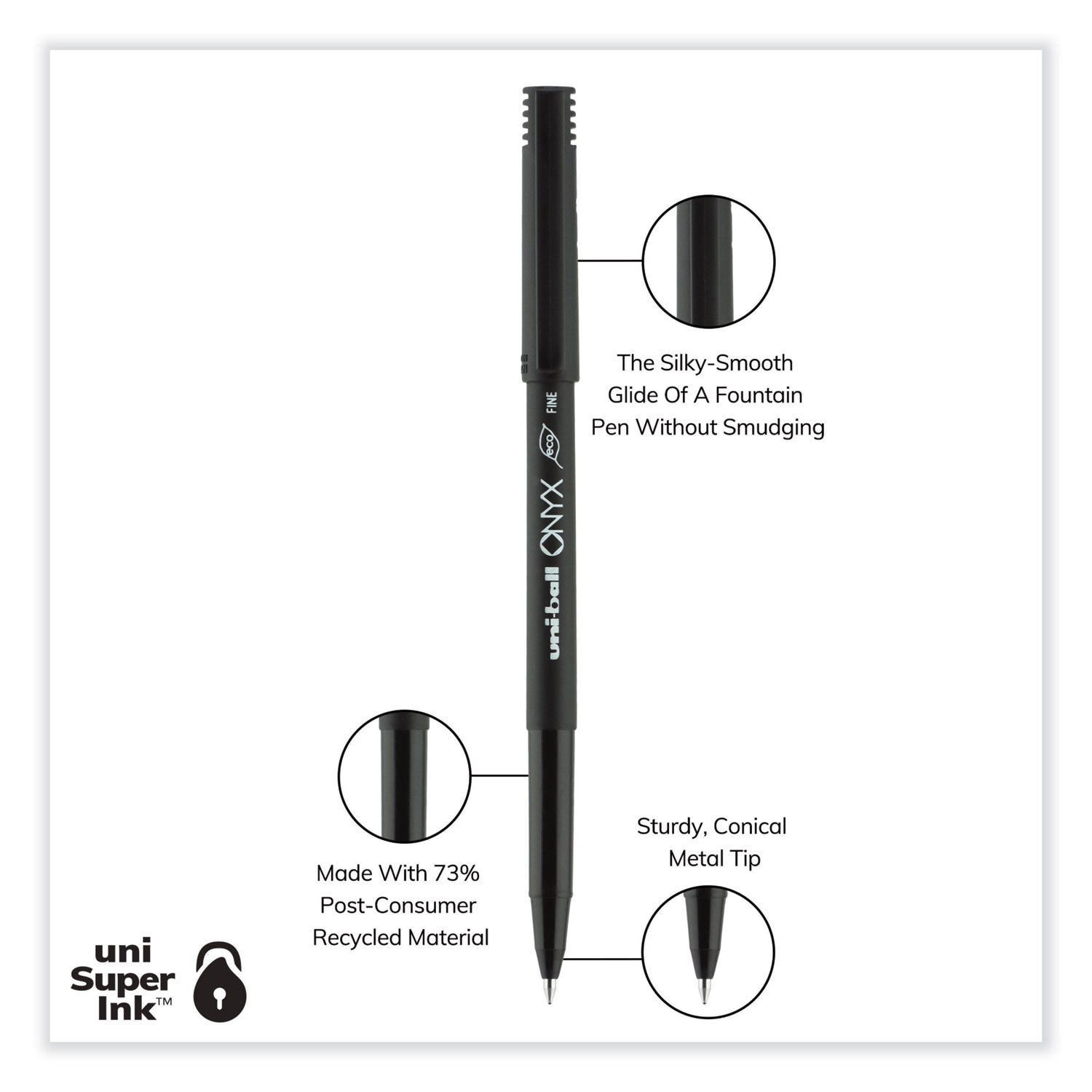 uniball® ONYX Rollerball Pen, Stick, Fine 0.7 mm, Black Ink, Black Barrel, Dozen