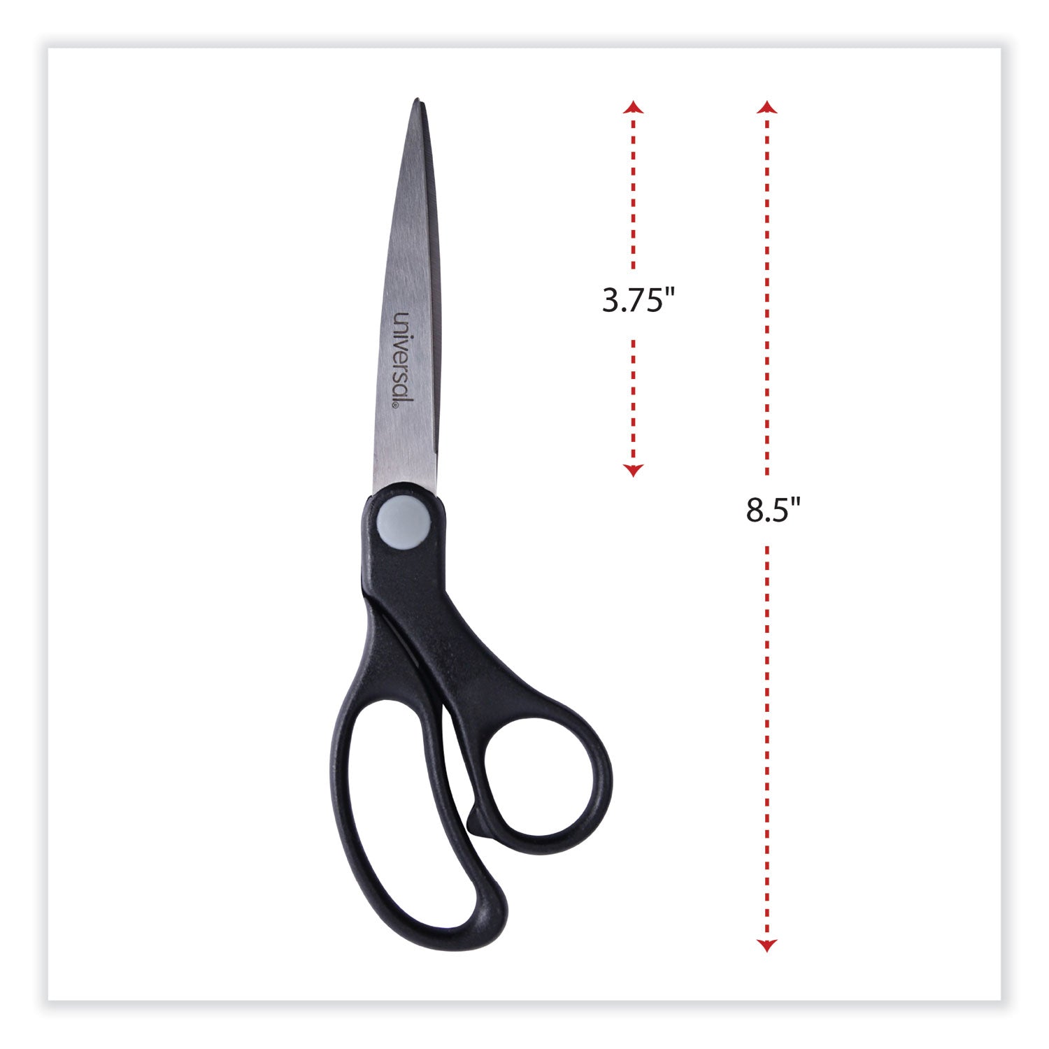 Universal® Stainless Steel Office Scissors, 8.5" Long, 3.75" Cut Length, Offset Black Handle