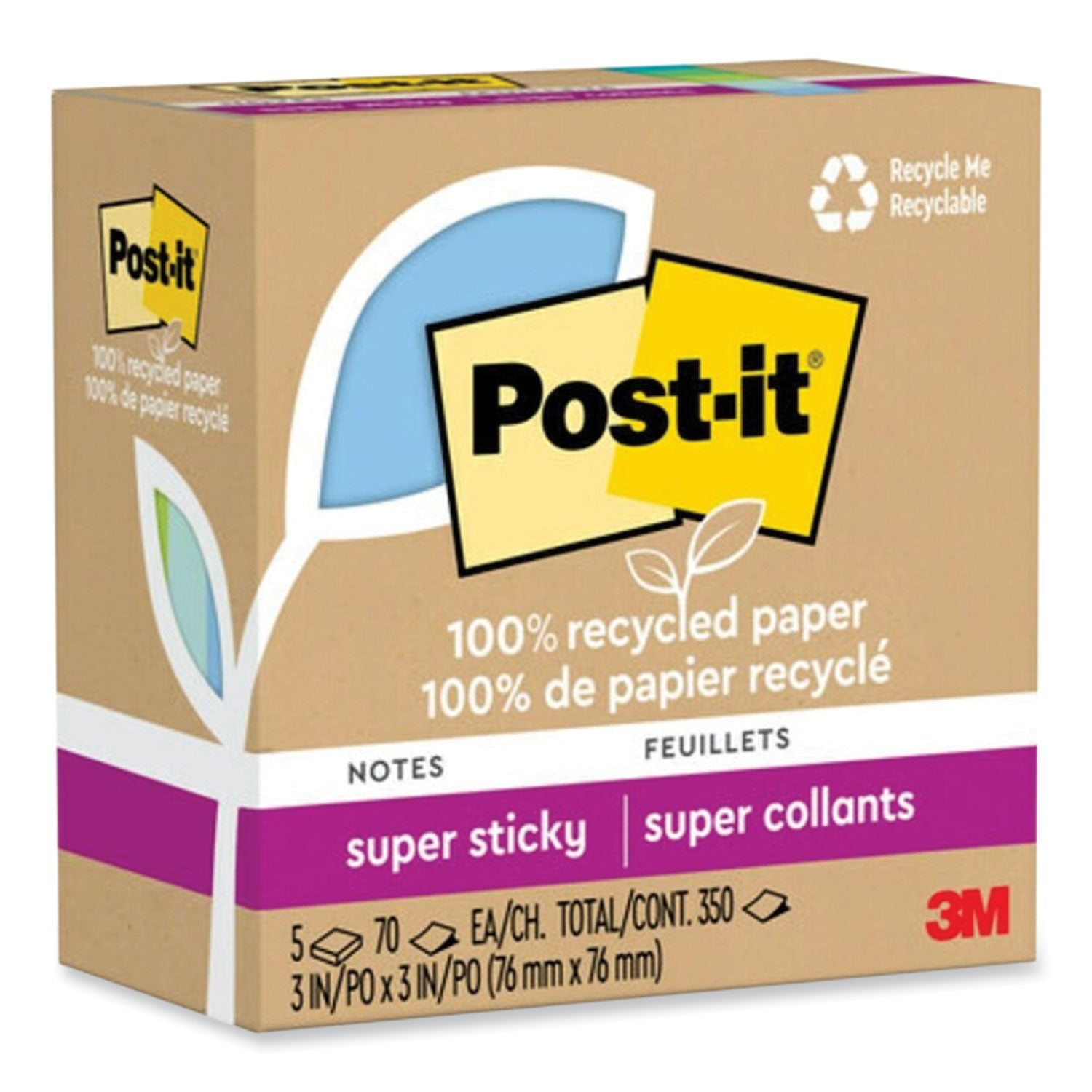 Post-it® Notes Super Sticky 100% Recycled Paper Super Sticky Notes, 3" x 3", Oasis, 70 Sheets/Pad, 5 Pads/Pack