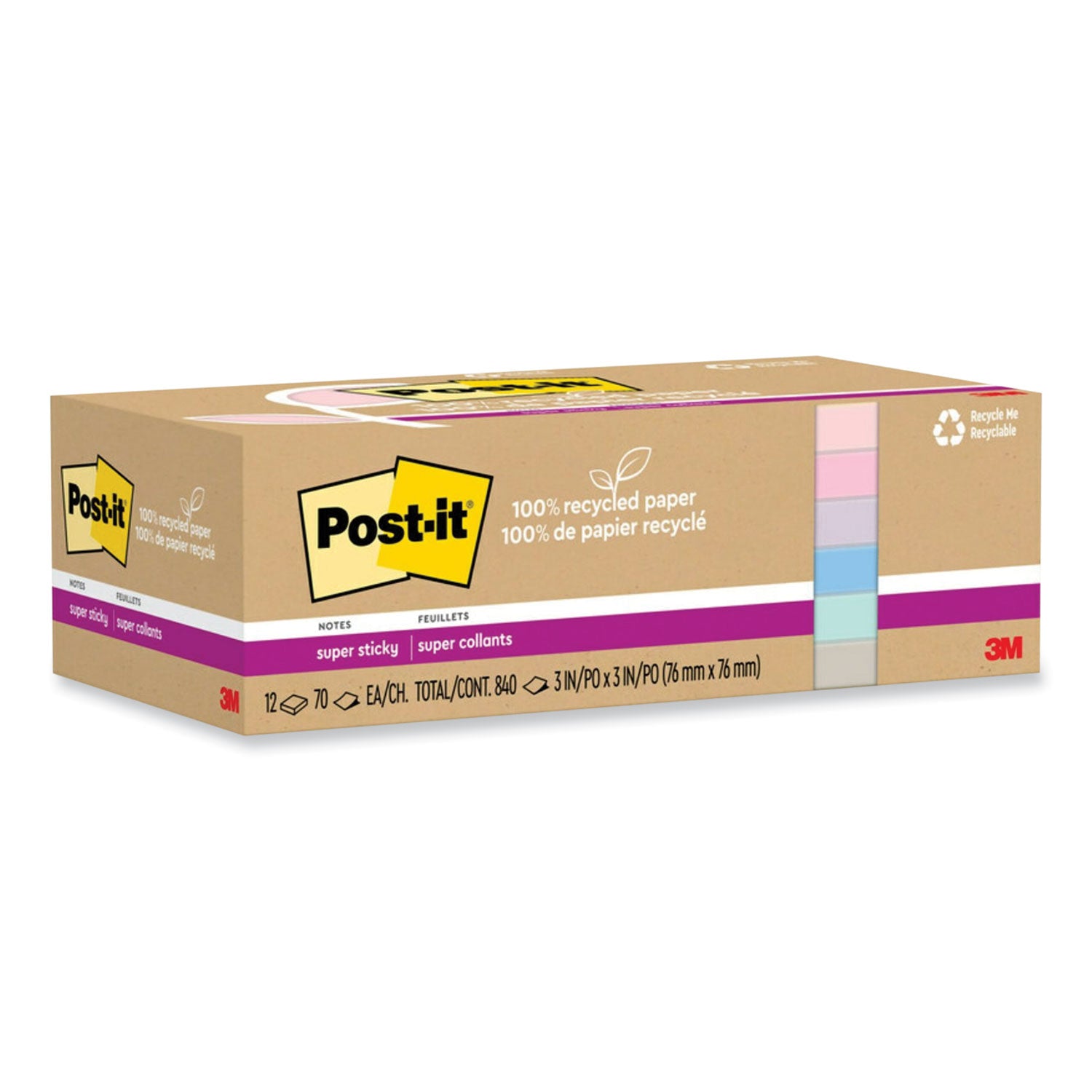 Post-it® Notes Super Sticky 100% Recycled Paper Super Sticky Notes, 3" x 3", Wanderlust Pastels, 70 Sheets/Pad, 12 Pads/Pack