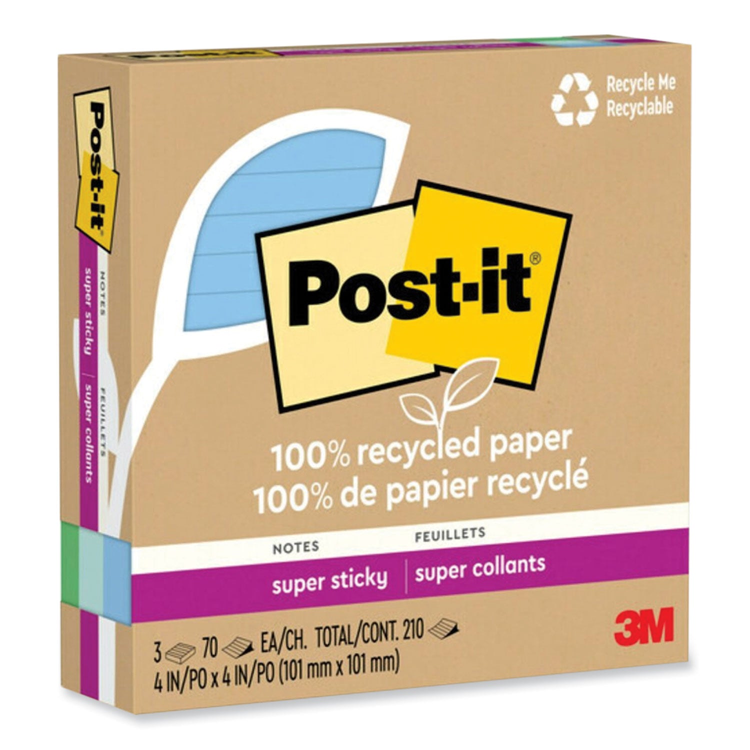 Post-it® Notes Super Sticky 100% Recycled Paper Super Sticky Notes, Ruled, 4" x 4", Oasis, 70 Sheets/Pad, 3 Pads/Pack