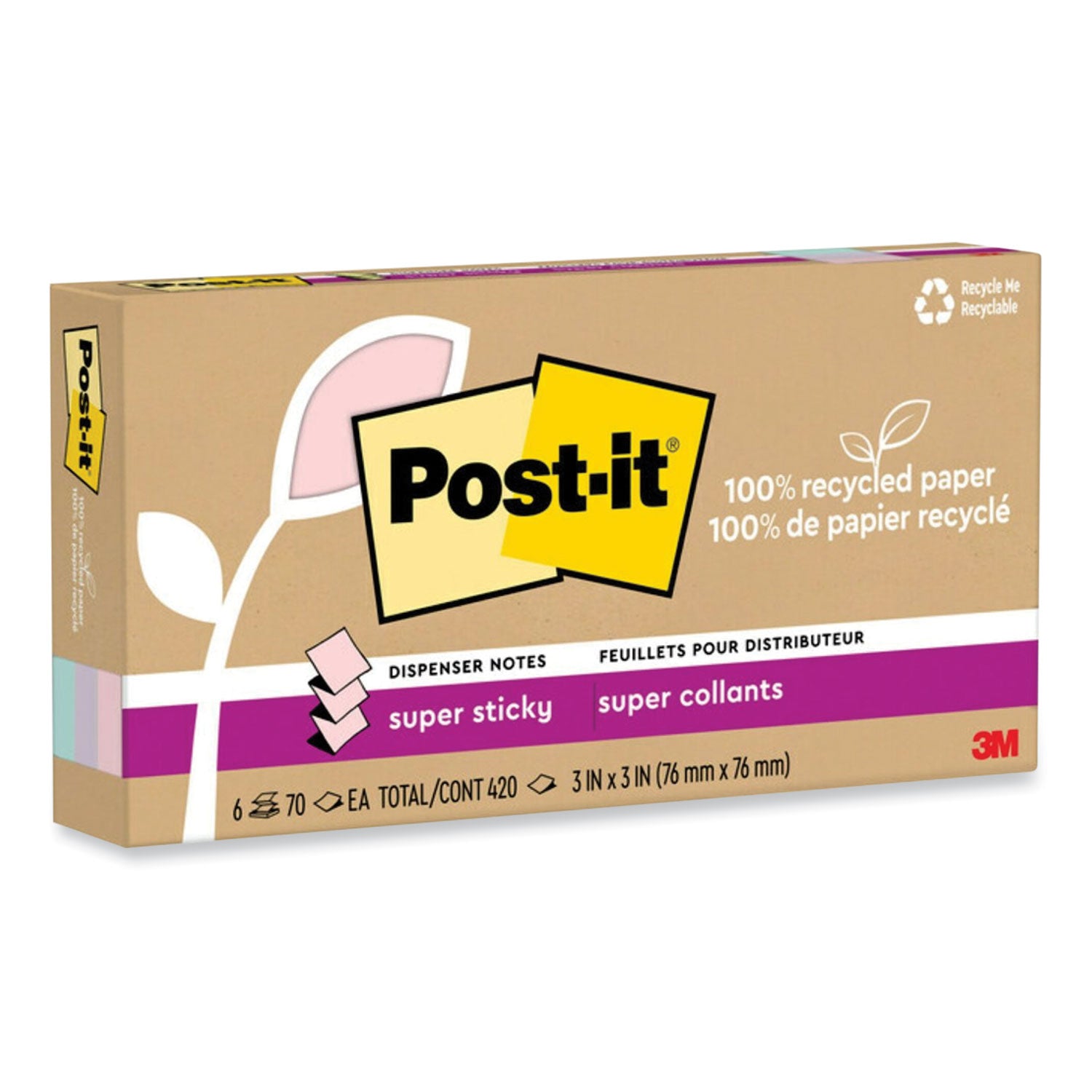 Post-it® Notes Super Sticky 100% Recycled Paper Super Sticky Notes, 3" x 3", Wanderlust Pastels, 70 Sheets/Pad, 6 Pads/Pack