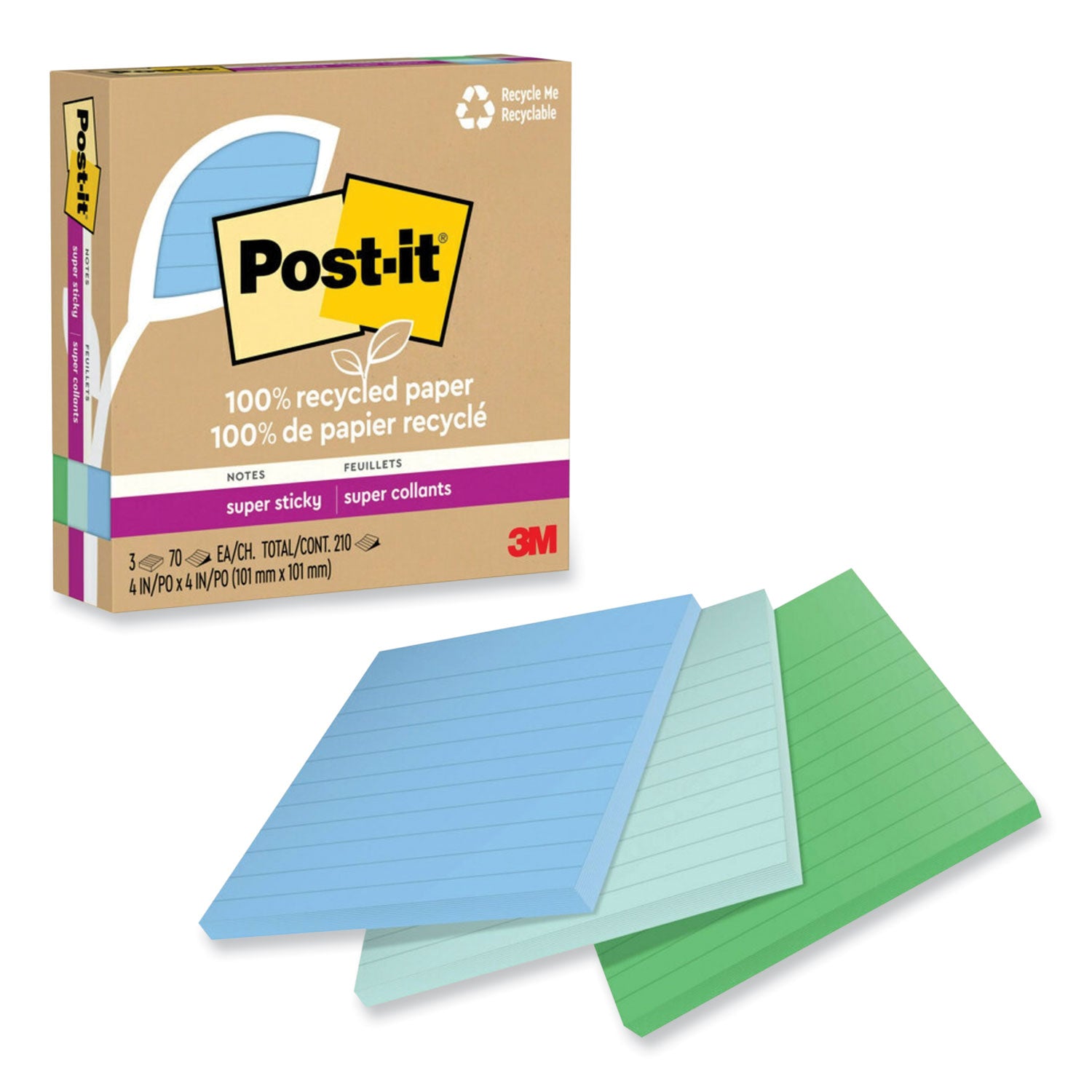 100% Recycled Paper Super Sticky Notes, Ruled, 4" x 4", Oasis, 70 Sheets/Pad, 3 Pads/Pack