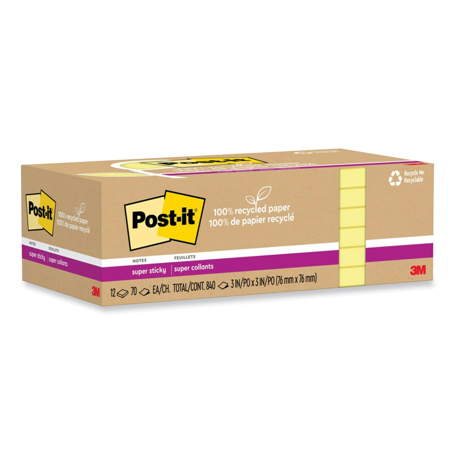 Post-it® Notes Super Sticky 100% Recycled Paper Super Sticky Notes, 3" x 3", Canary Yelow, 70 Sheets/Pad, 12 Pads/Pack
