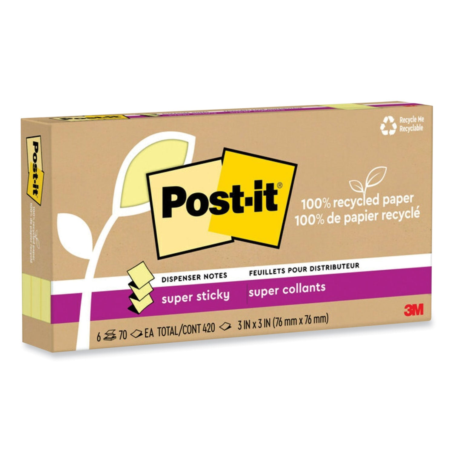 Post-it® Notes Super Sticky 100% Recycled Paper Super Sticky Notes, 3" x 3", Canary Yellow, 70 Sheets/Pad, 6 Pads/Pack
