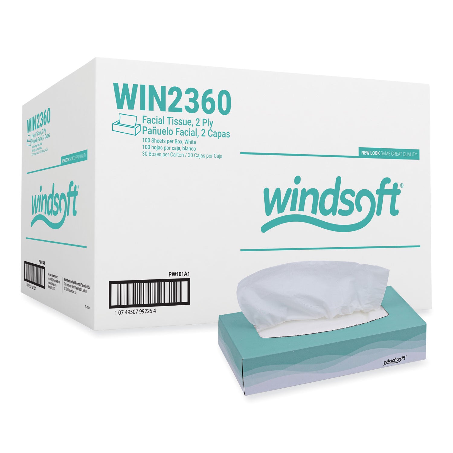 Windsoft® Facial Tissue, 2 Ply, White, Flat Pop-Up Box, 100 Sheets/box, 30 Boxes/carton