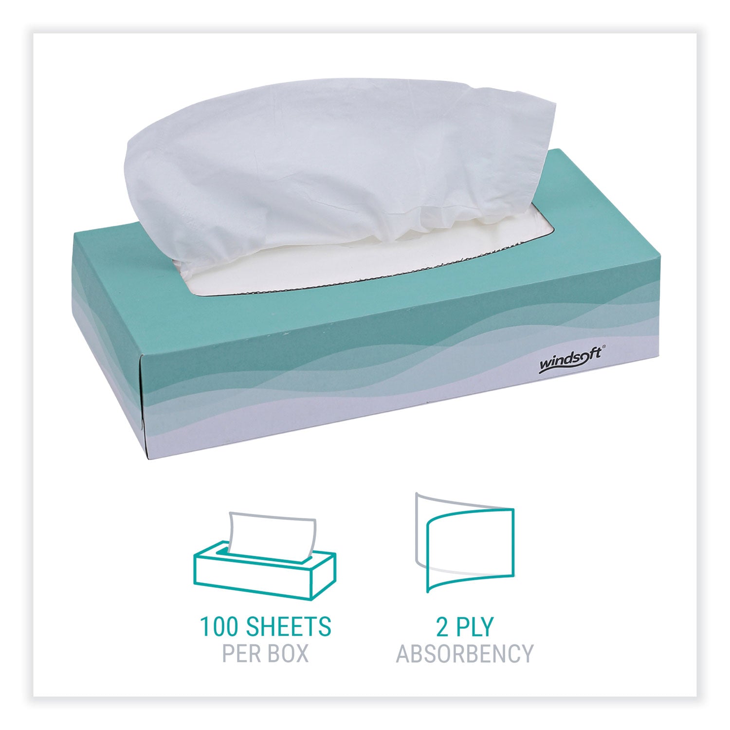 Windsoft® Facial Tissue, 2 Ply, White, Flat Pop-Up Box, 100 Sheets/box, 30 Boxes/carton