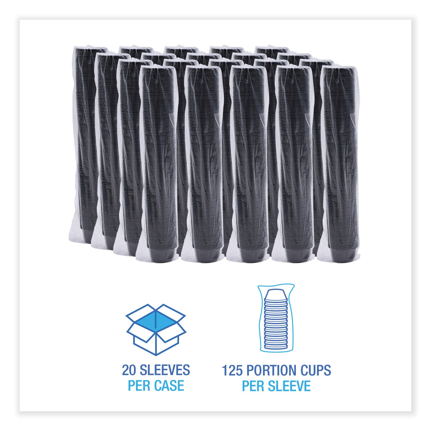 Boardwalk® Souffle/Portion Cups, 2 oz, Plastic, Black, 125/Sleeve, 20 Sleeves/Carton