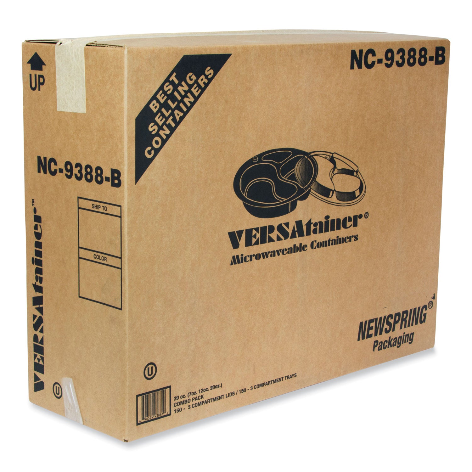 Pactiv Evergreen Newspring VERSAtainer Microwavable Containers, Round, 3 Compartments, 39 oz, 9 x 9 x 2.25, Black/Clear, Plastic, 150/Carton