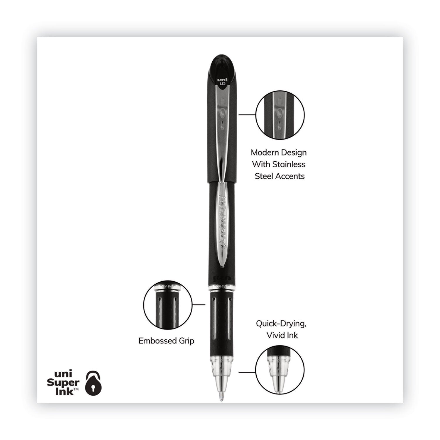 uniball® Jetstream Hybrid Gel Pen, Stick, Bold 1 mm, Black Ink, Black/Silver Barrel