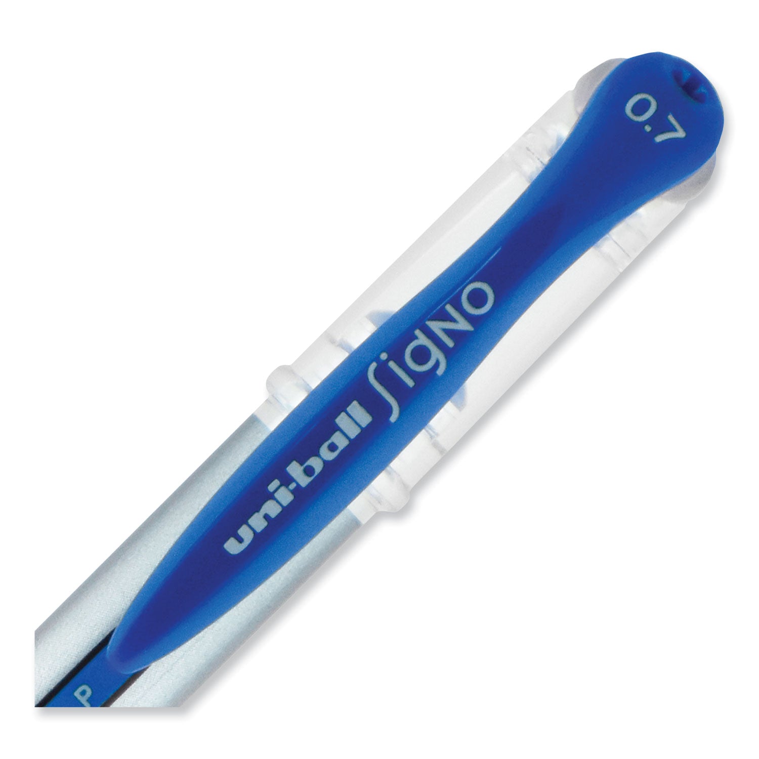 uniball® Signo GRIP Gel Pen, Stick, Medium 0.7 mm, Blue Ink, Clear/Blue/Silver Barrel, Dozen
