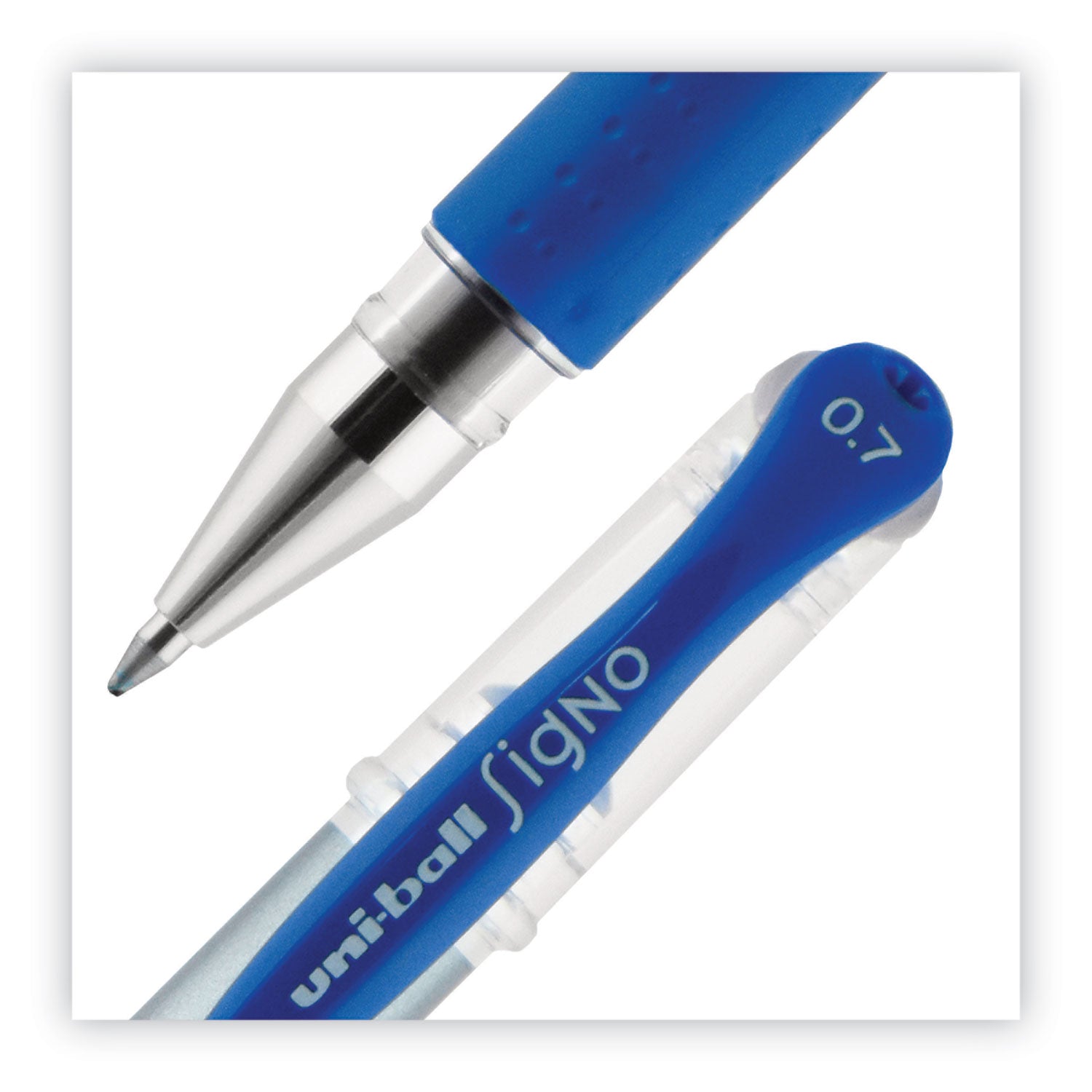 uniball® Signo GRIP Gel Pen, Stick, Medium 0.7 mm, Blue Ink, Clear/Blue/Silver Barrel, Dozen
