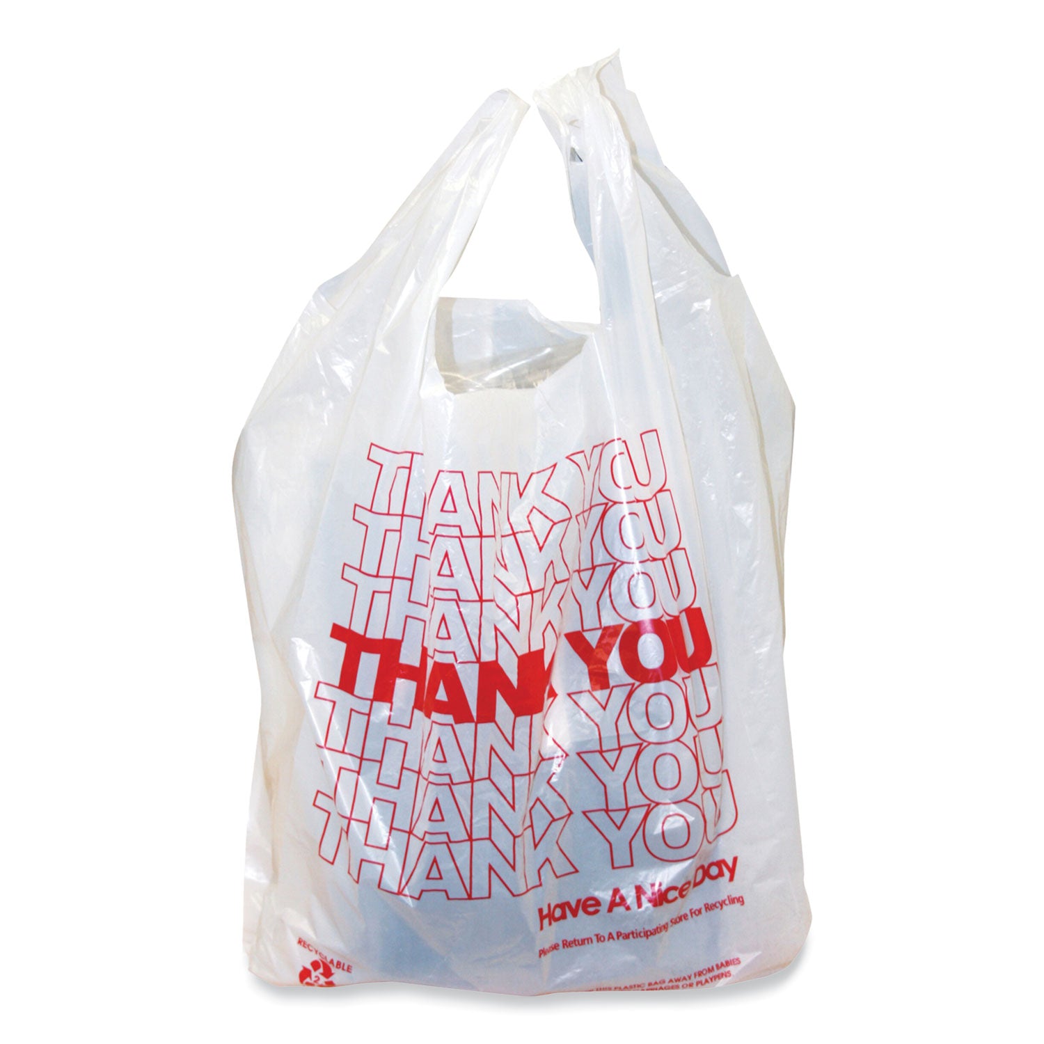 AmerCareRoyal® Thank You Bags, Thank You - Have a Nice Day Labeling, Cut-Out Handles, 11.5" x 6.5" x 21", White/Red, 1,000/Carton
