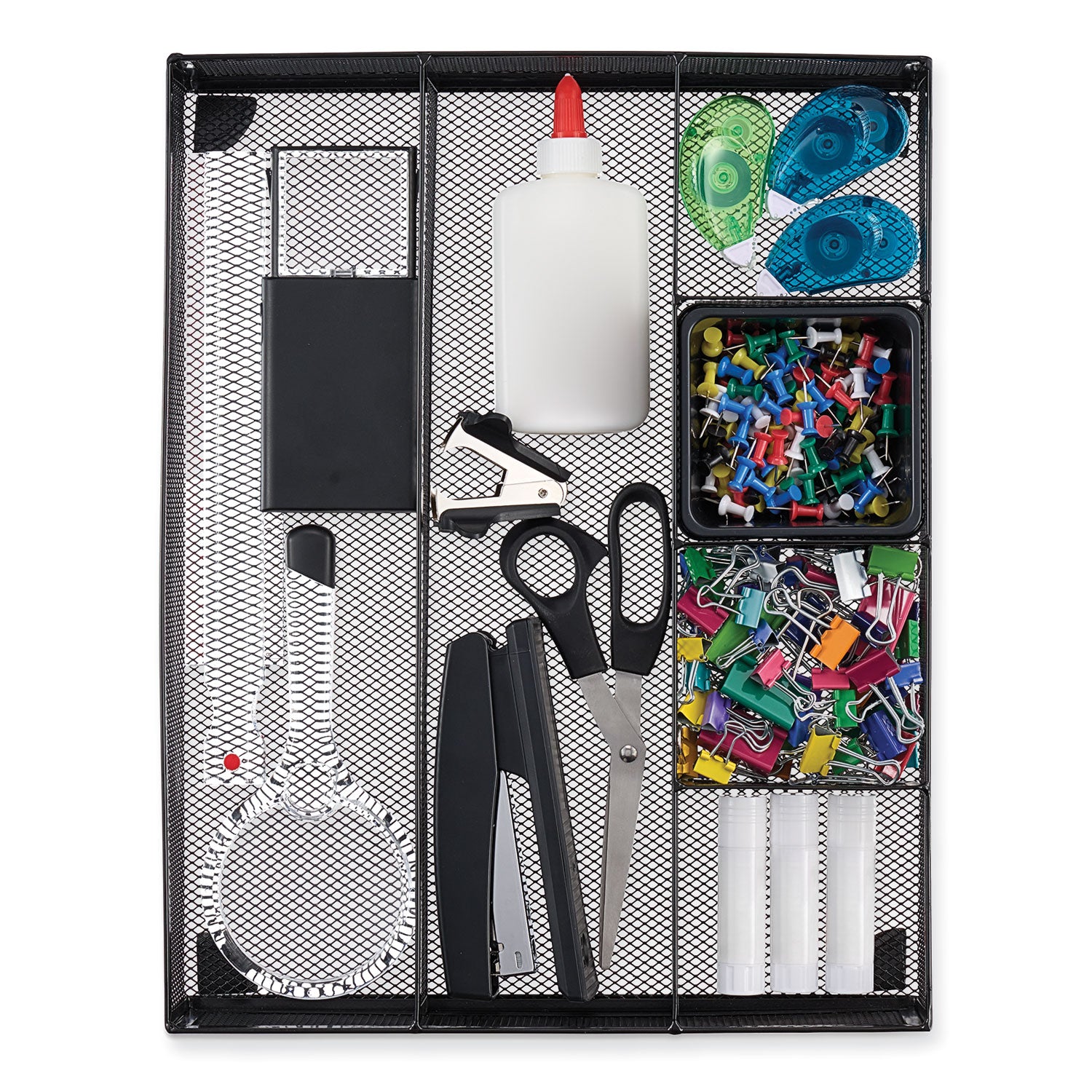 Universal® Metal Mesh Drawer Organizer, Six Compartments, 15 X 11.88 X 2.5, Black