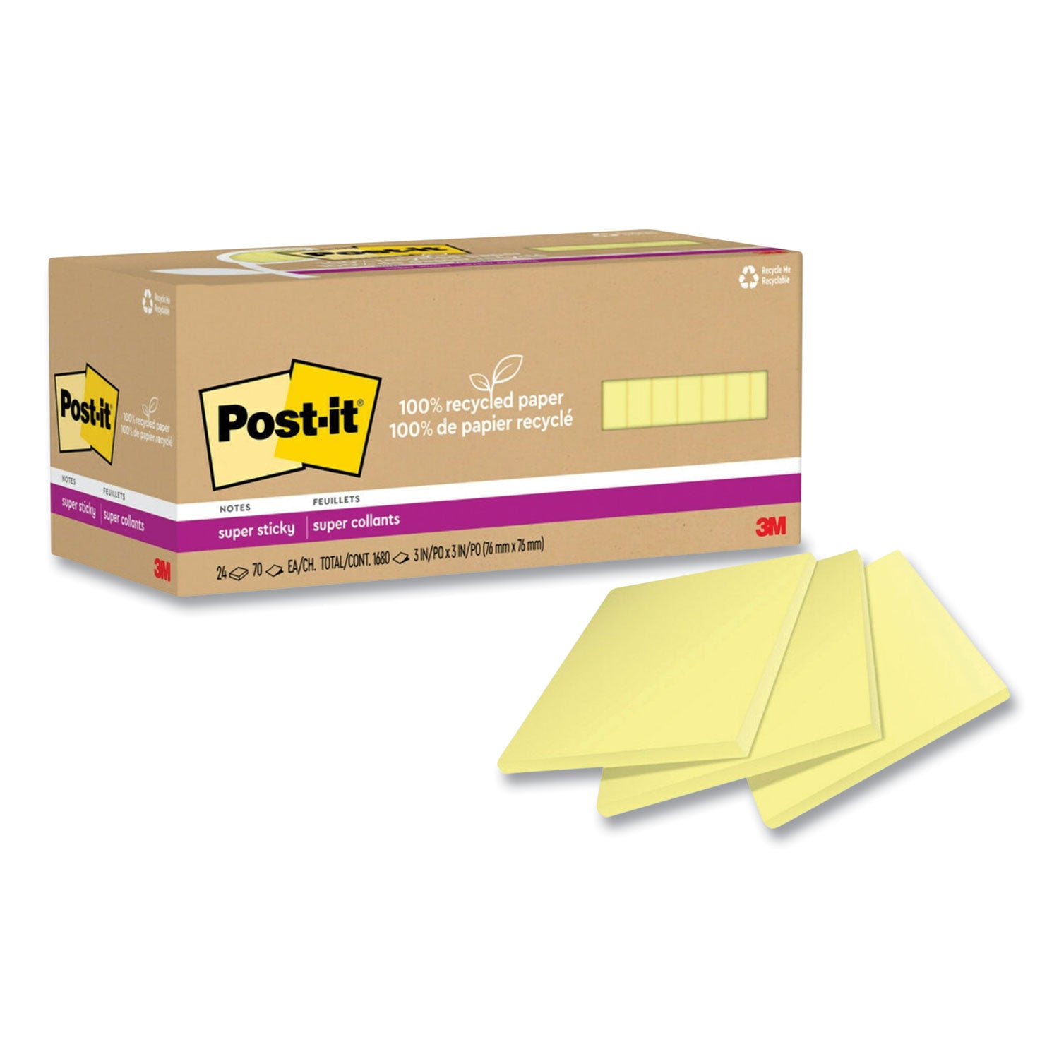 Post-it® Notes Super Sticky 100% Recycled Paper Super Sticky Notes, 3" x 3", Canary Yellow, 70 Sheets/Pad, 24 Pads/Pack