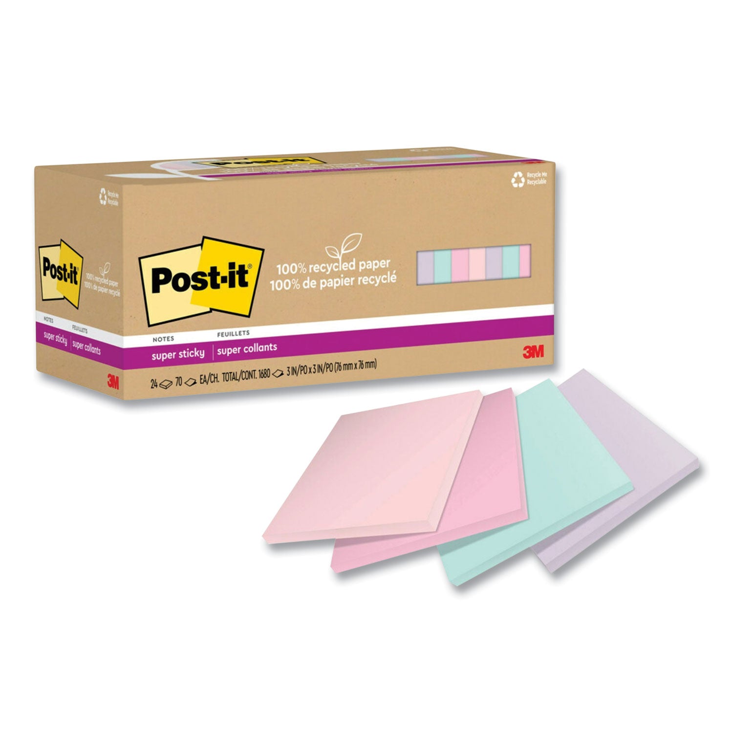 Post-it® Notes Super Sticky 100% Recycled Paper Super Sticky Notes, 3" x 3", Wanderlust Pastels, 70 Sheets/Pad, 24 Pads/Pack