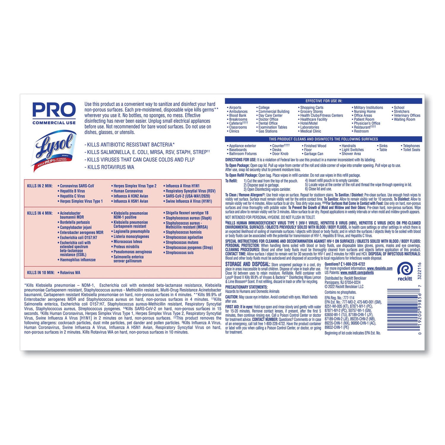 LYSOL® Brand Professional Disinfecting Wipe Bucket, 1-Ply, 6 X 8, Lemon And Lime Blossom, White, 800 Wipes