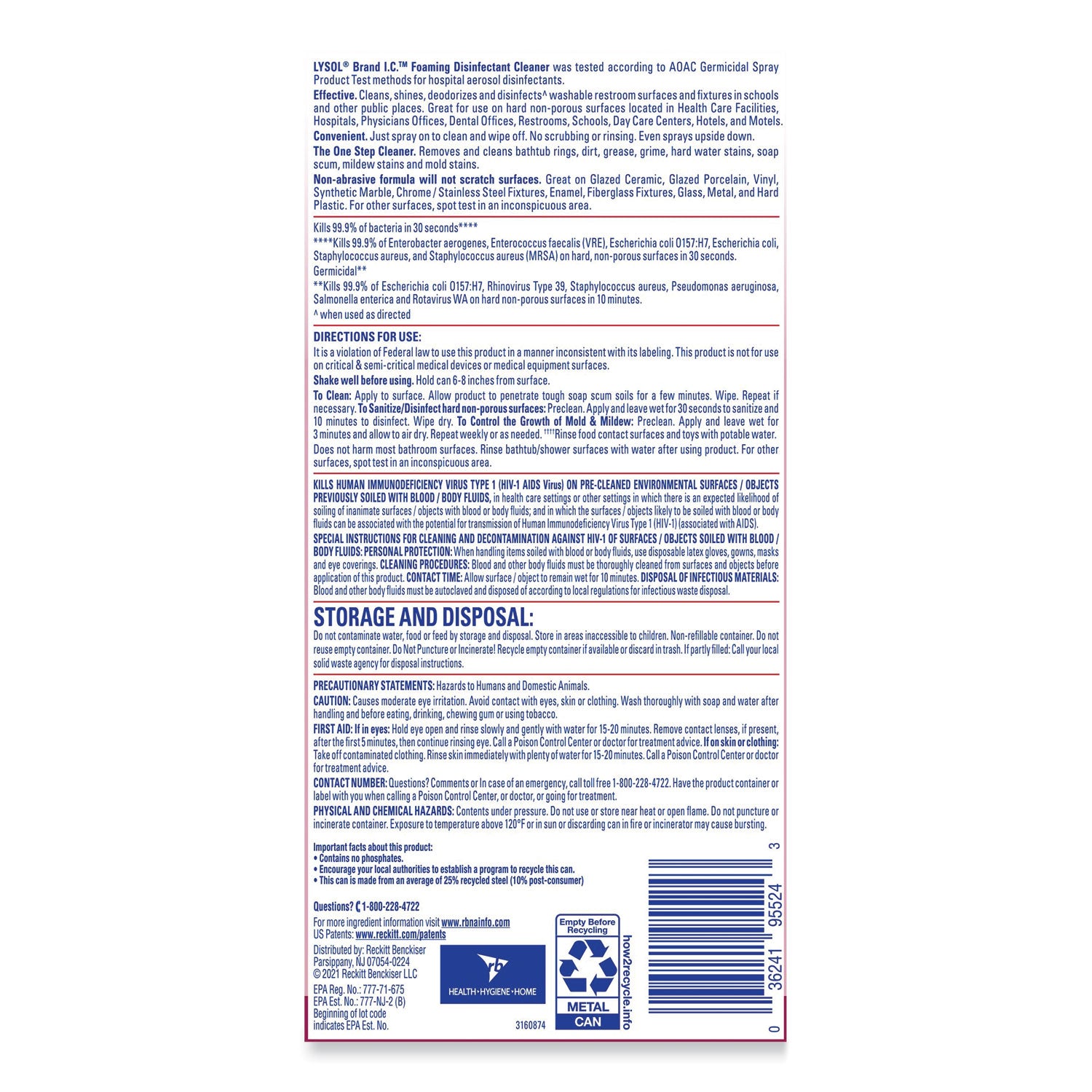 LYSOL® Brand I.C.™ Foaming Disinfectant Cleaner, 24 Oz Aerosol Spray, 12/carton