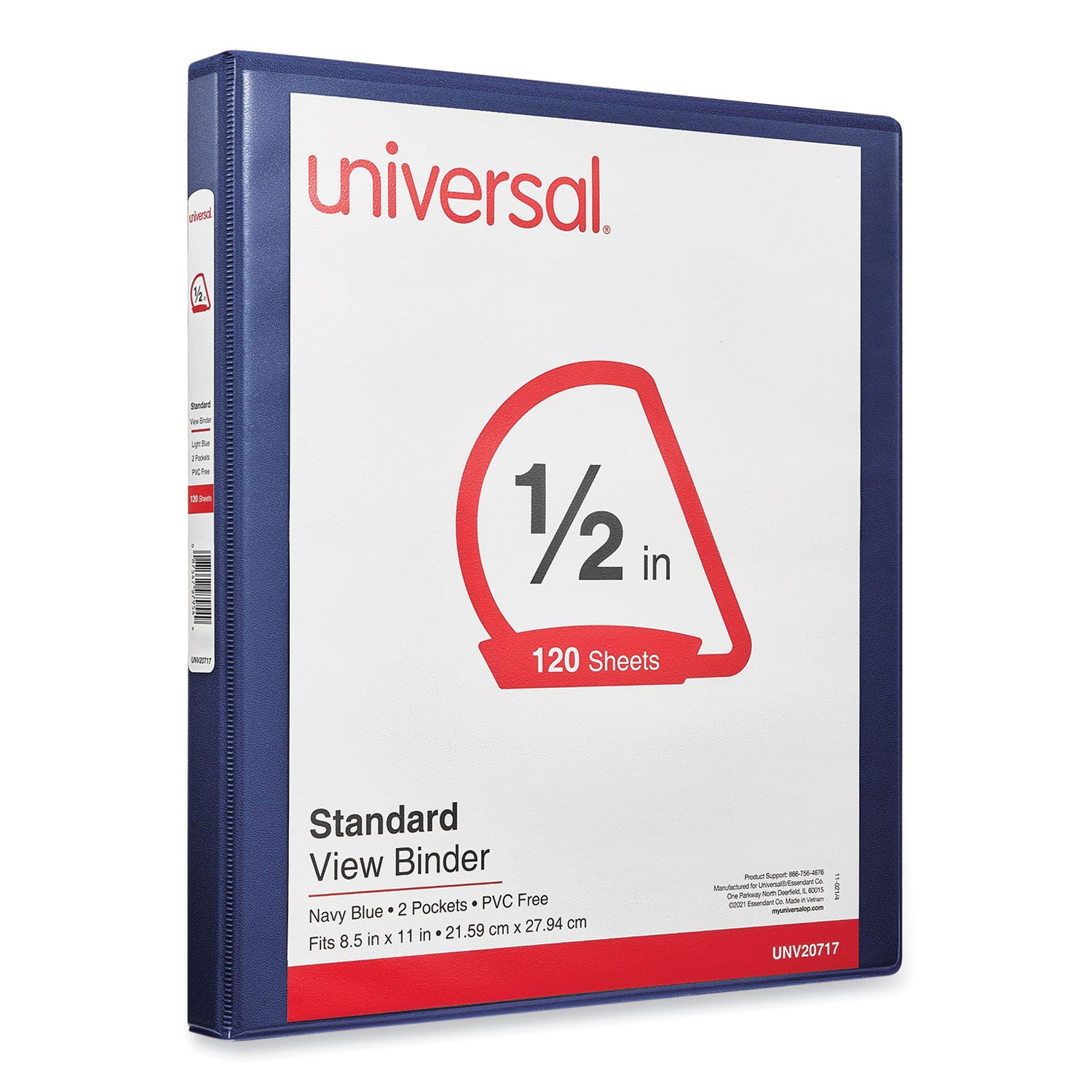 Universal® Slant D-Ring View Binder, 3 Rings, 0.5" Capacity, 11 x 8.5, Navy Blue