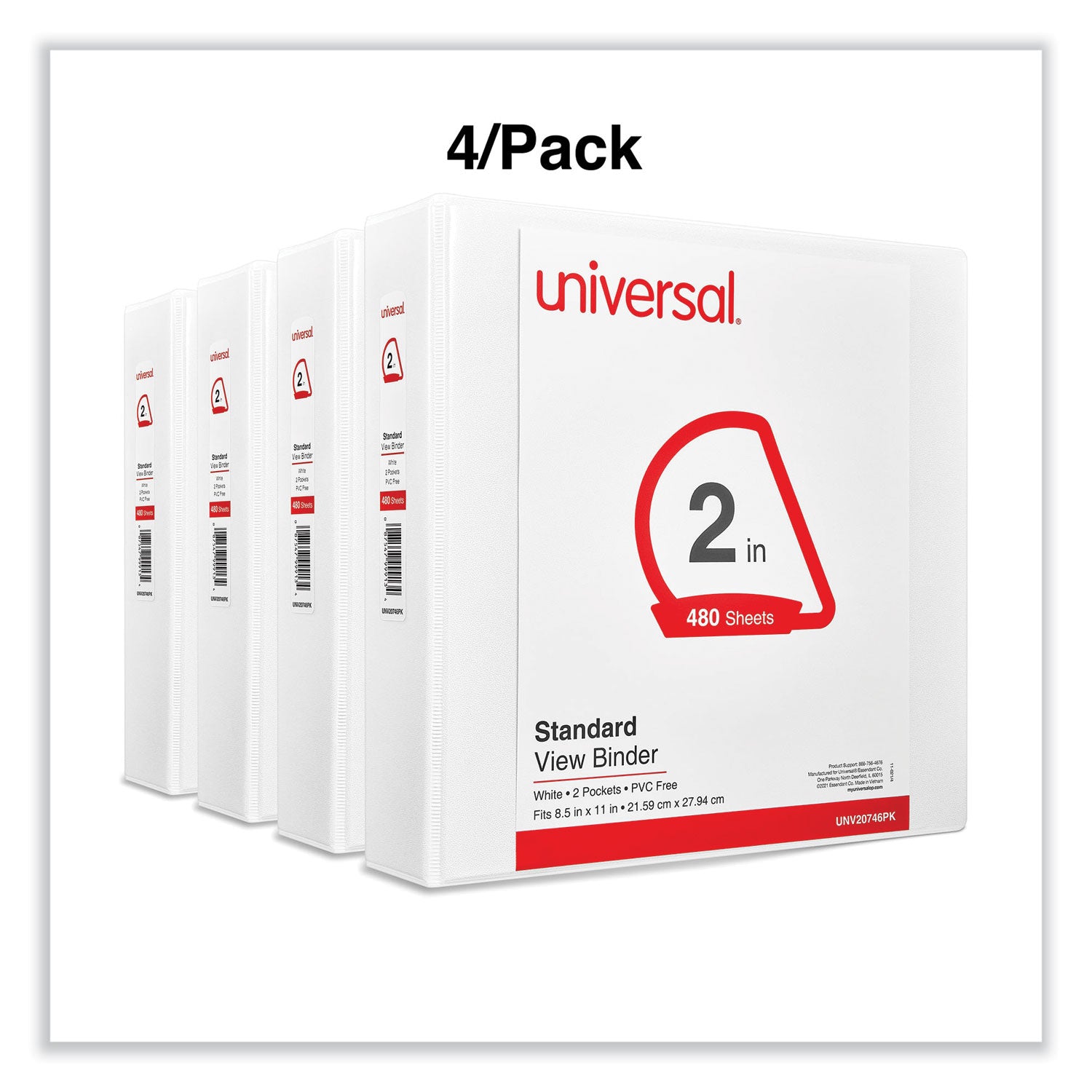 Universal® Slant D-Ring View Binder, 3 Rings, 2" Capacity, 11 x 8.5, White, 4/Pack