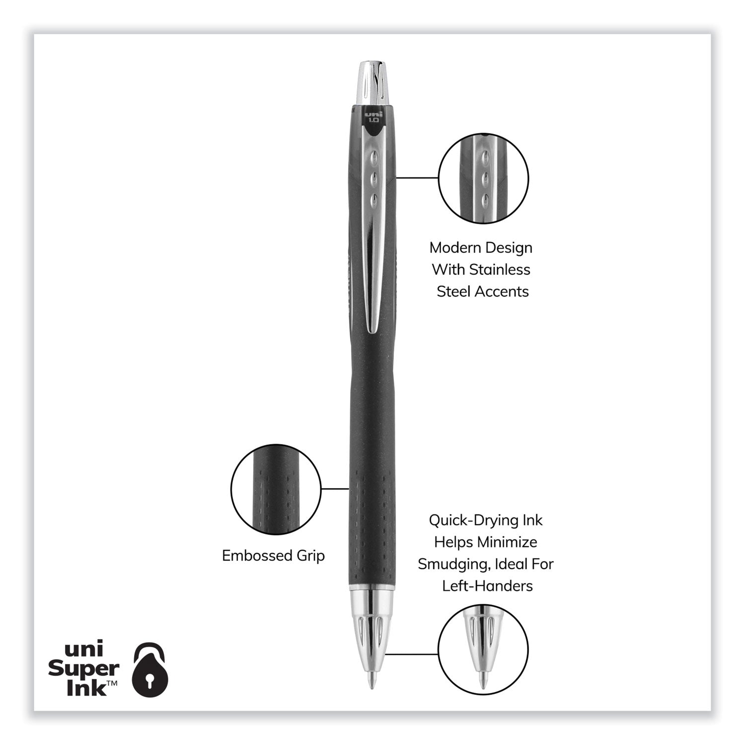 uniball® Jetstream Hybrid Gel Pen, Retractable, Bold 1 mm, Black Ink, Black/Silver Barrel