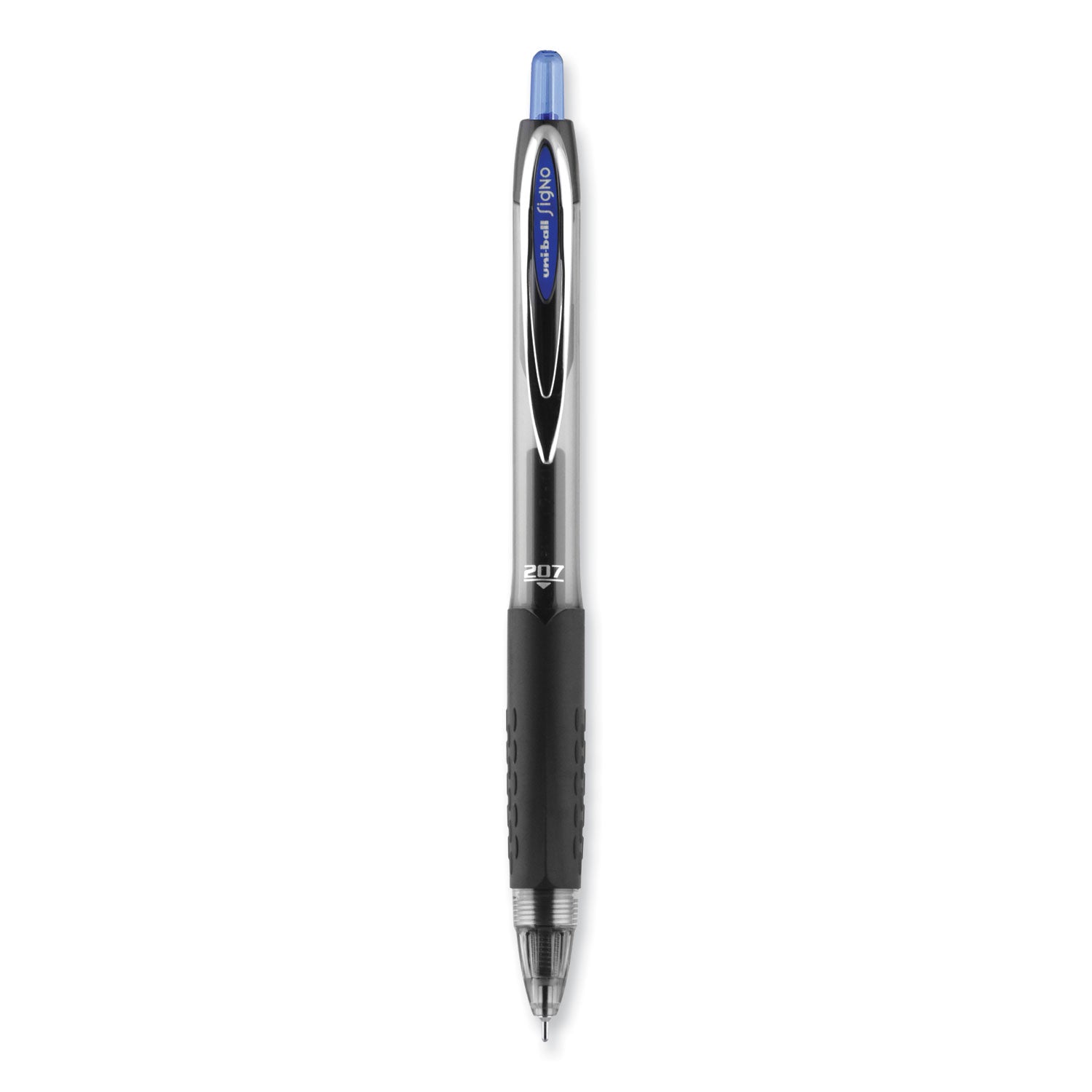 uniball® Signo 207 Needle Point Gel Pen, Retractable, Medium 0.7 mm, Blue Ink, Clear/Black/Blue Barrel, Dozen