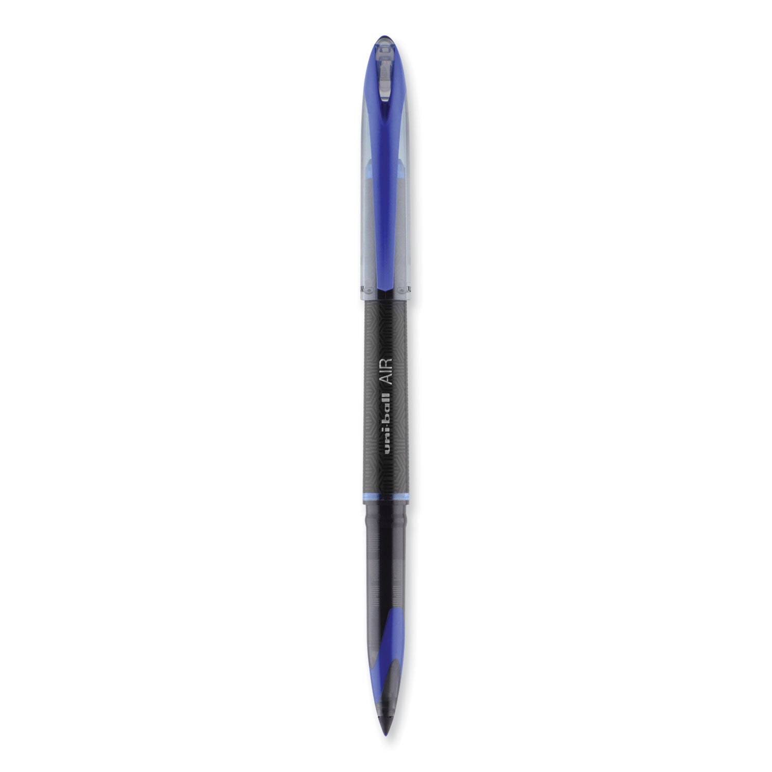 uniball® AIR Porous Rollerball Pen, Stick, Medium 0.7 mm, Blue Ink, Black/Blue Barrel, Dozen