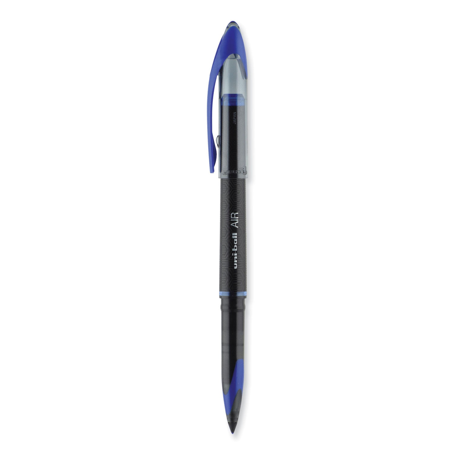 uniball® AIR Porous Rollerball Pen, Stick, Medium 0.7 mm, Blue Ink, Black/Blue Barrel, Dozen
