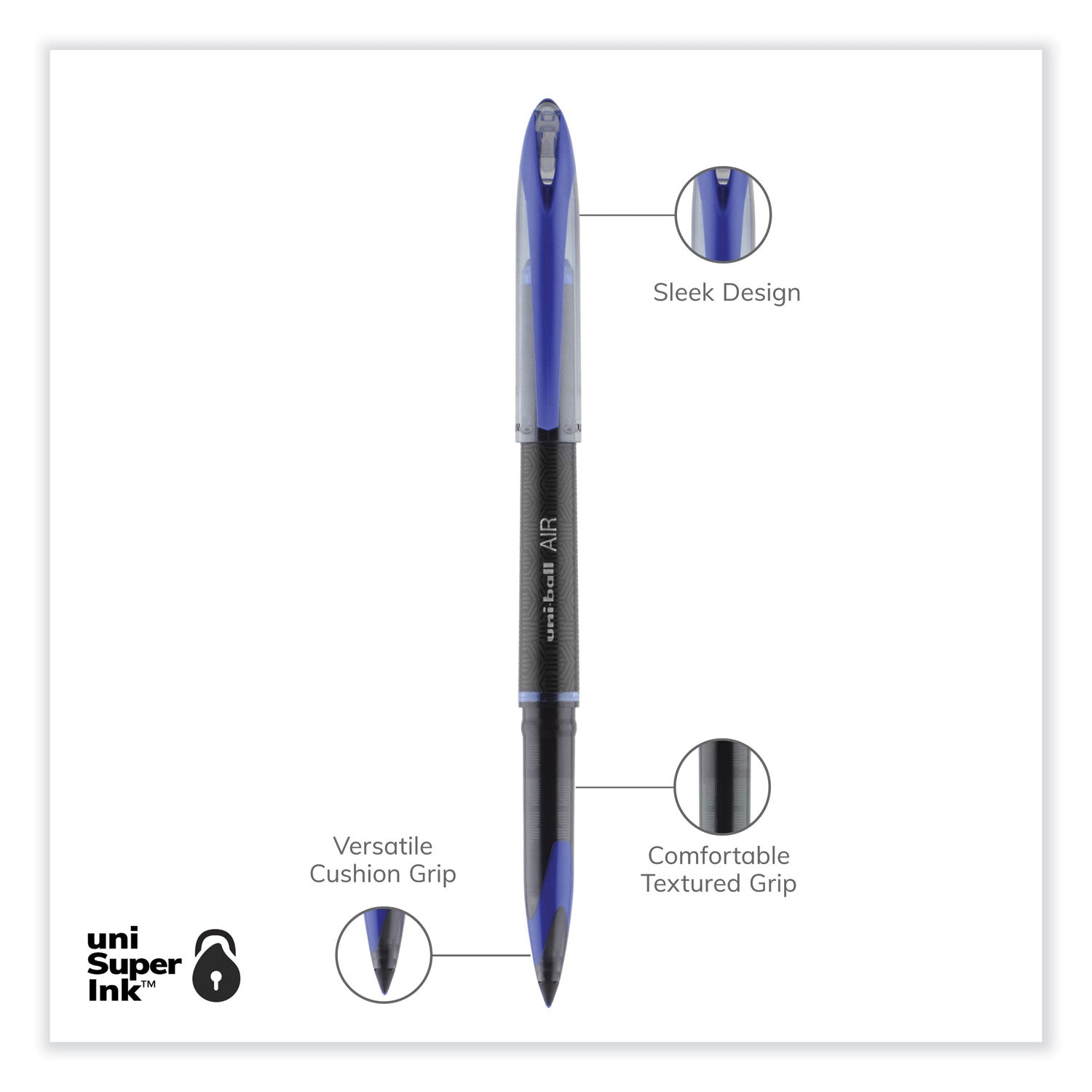 uniball® AIR Porous Rollerball Pen, Stick, Medium 0.7 mm, Blue Ink, Black/Blue Barrel, Dozen