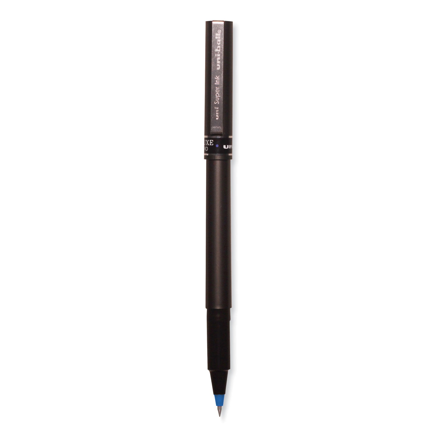 uniball® Deluxe Rollerball Pen, Stick, Extra-Fine 0.5 mm, Blue Ink, Metallic Gray/Black/Blue Barrel, Dozen