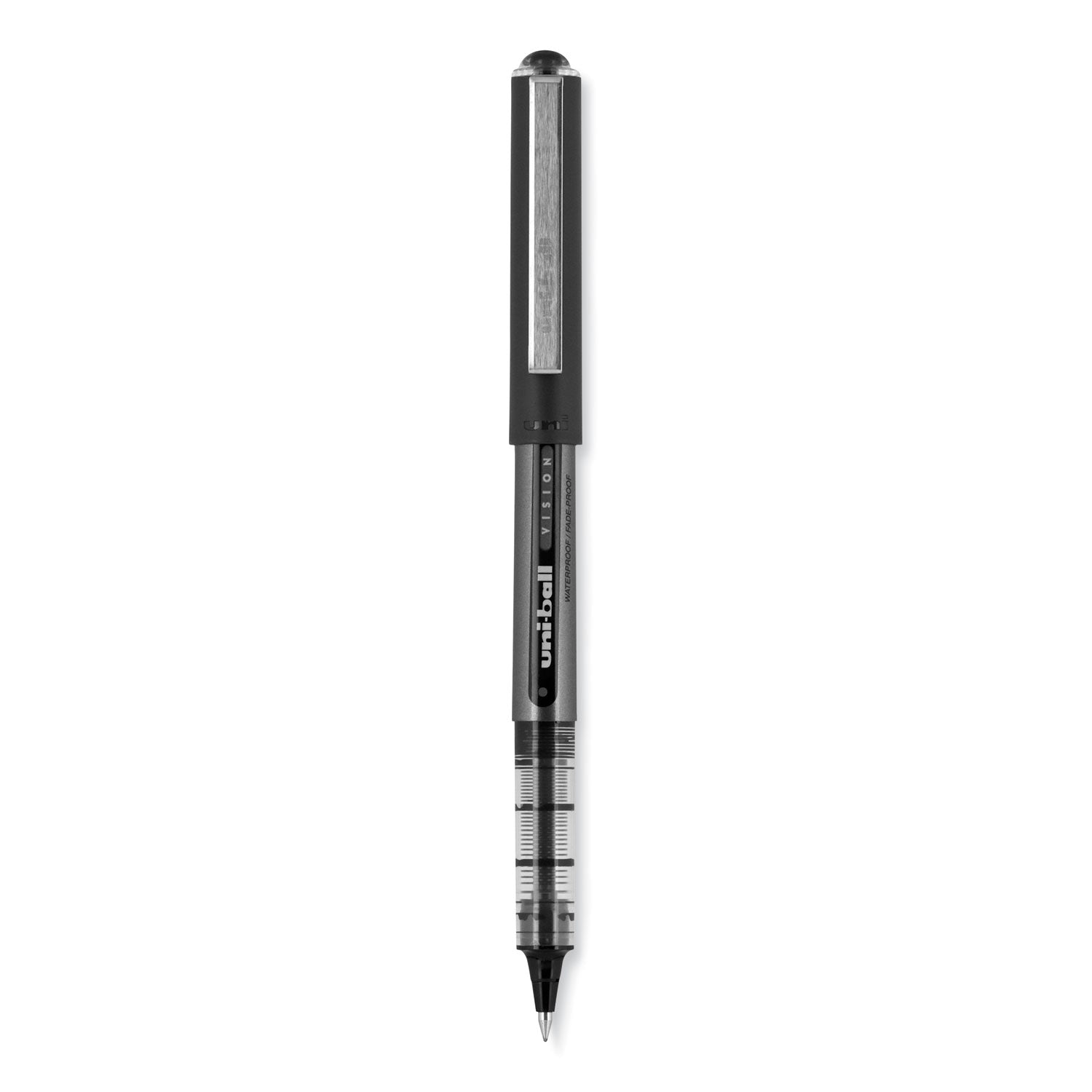uniball® VISION Rollerball Pen, Stick, Extra-Fine 0.5 mm, Black Ink, Gray/Black/Clear Barrel, Dozen
