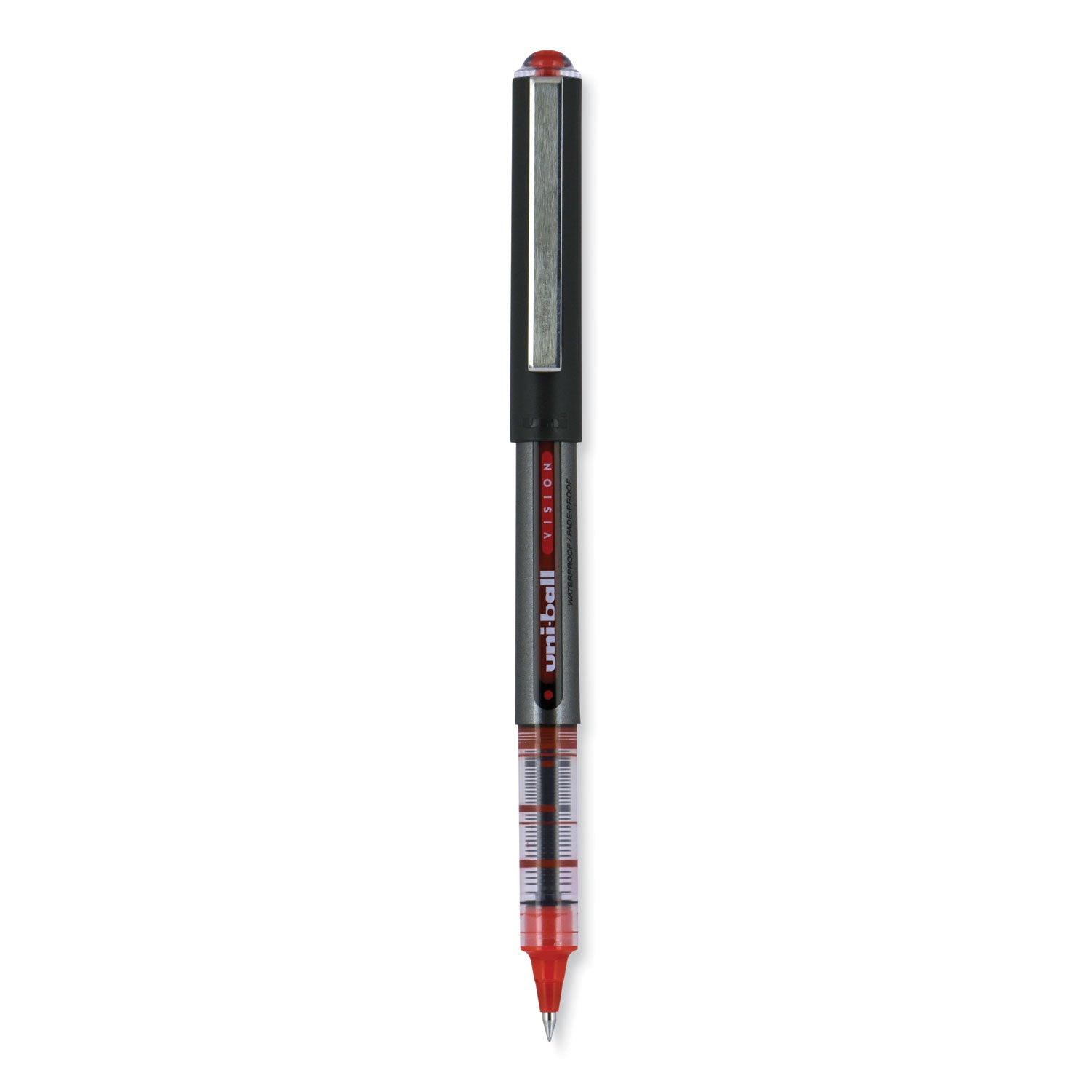 uniball® VISION Rollerball Pen, Stick, Extra-Fine 0.5 mm, Red Ink, Gray/Red/Clear Barrel, Dozen
