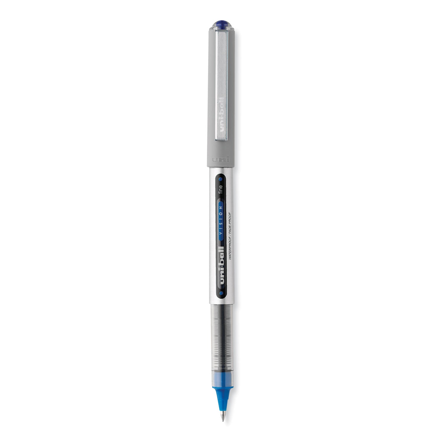 uniball® VISION Rollerball Pen, Stick, Fine 0.7 mm, Blue Ink, Silver/Blue/Clear Barrel, Dozen