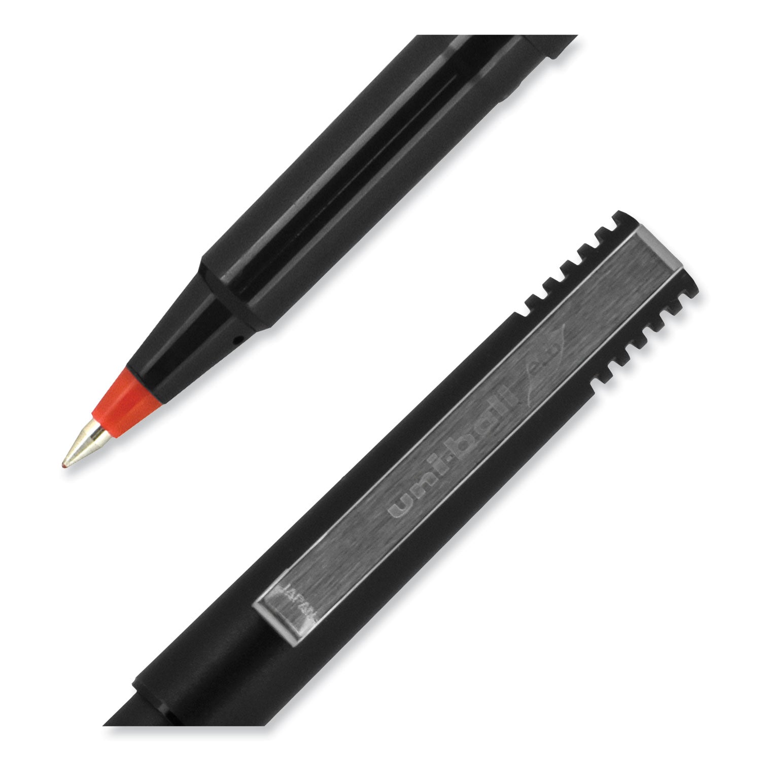 uniball® Rollerball Pen, Stick, Extra-Fine 0.5 mm, Red Ink, Black/Red Barrel, Dozen