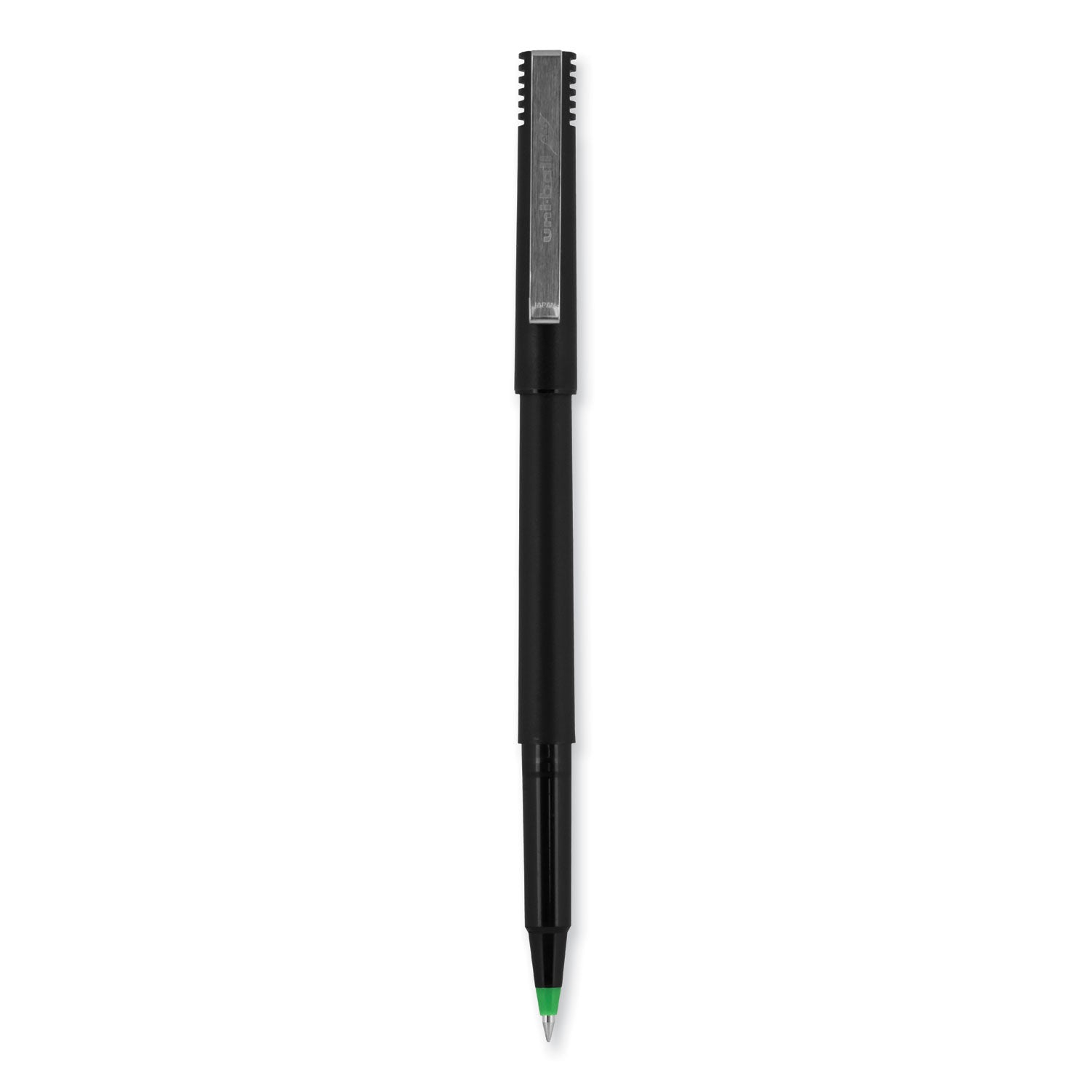 uniball® Rollerball Pen, Stick, Extra-Fine 0.5 mm, Green Ink, Black/Green Barrel, Dozen