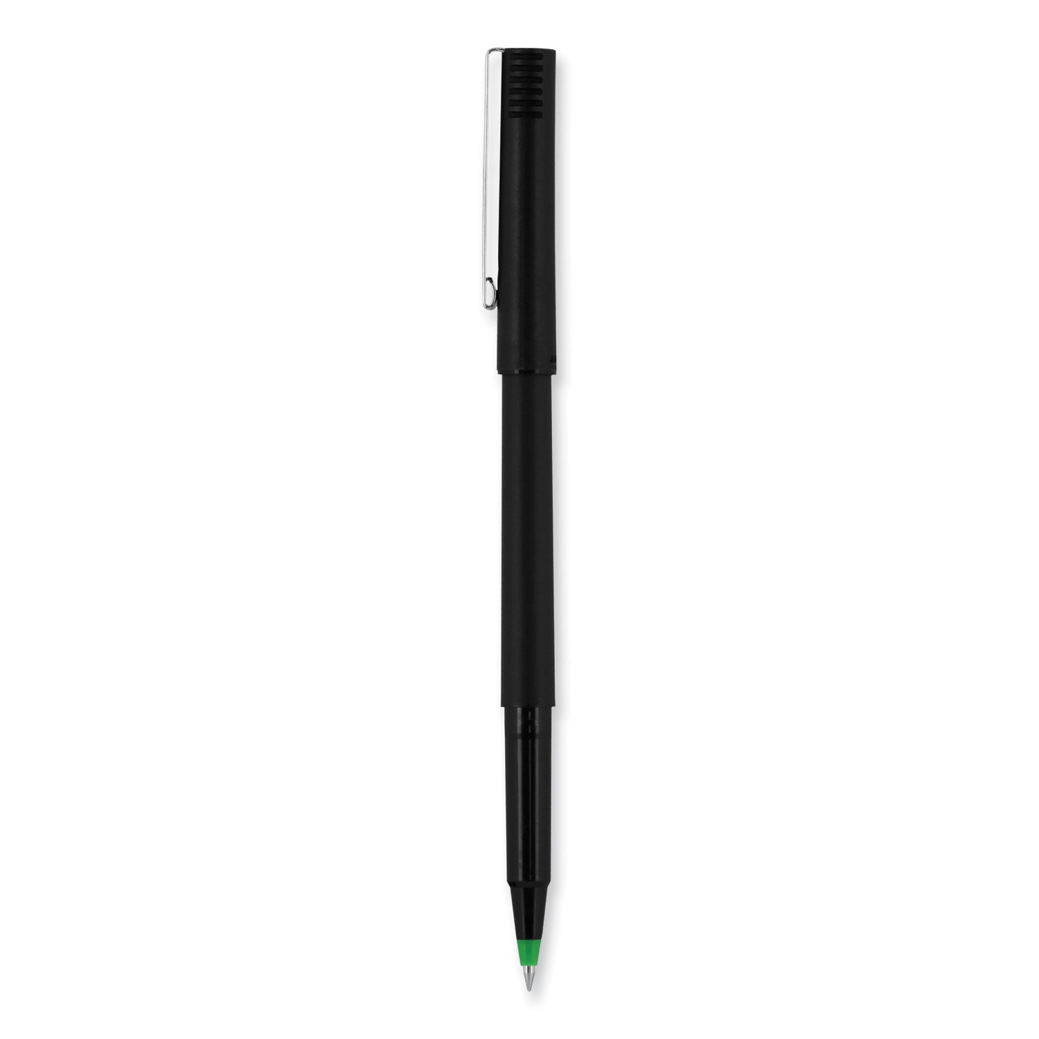 uniball® Rollerball Pen, Stick, Extra-Fine 0.5 mm, Green Ink, Black/Green Barrel, Dozen