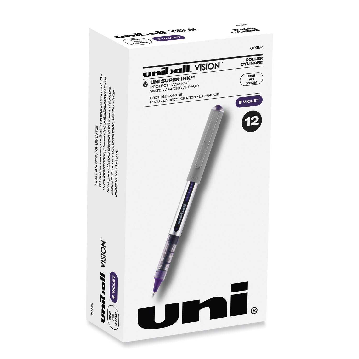 VISION Roller Ball Pen, Stick, Fine 0.7 mm, Violet Ink, Silver/Violet/Clear Barrel, Dozen