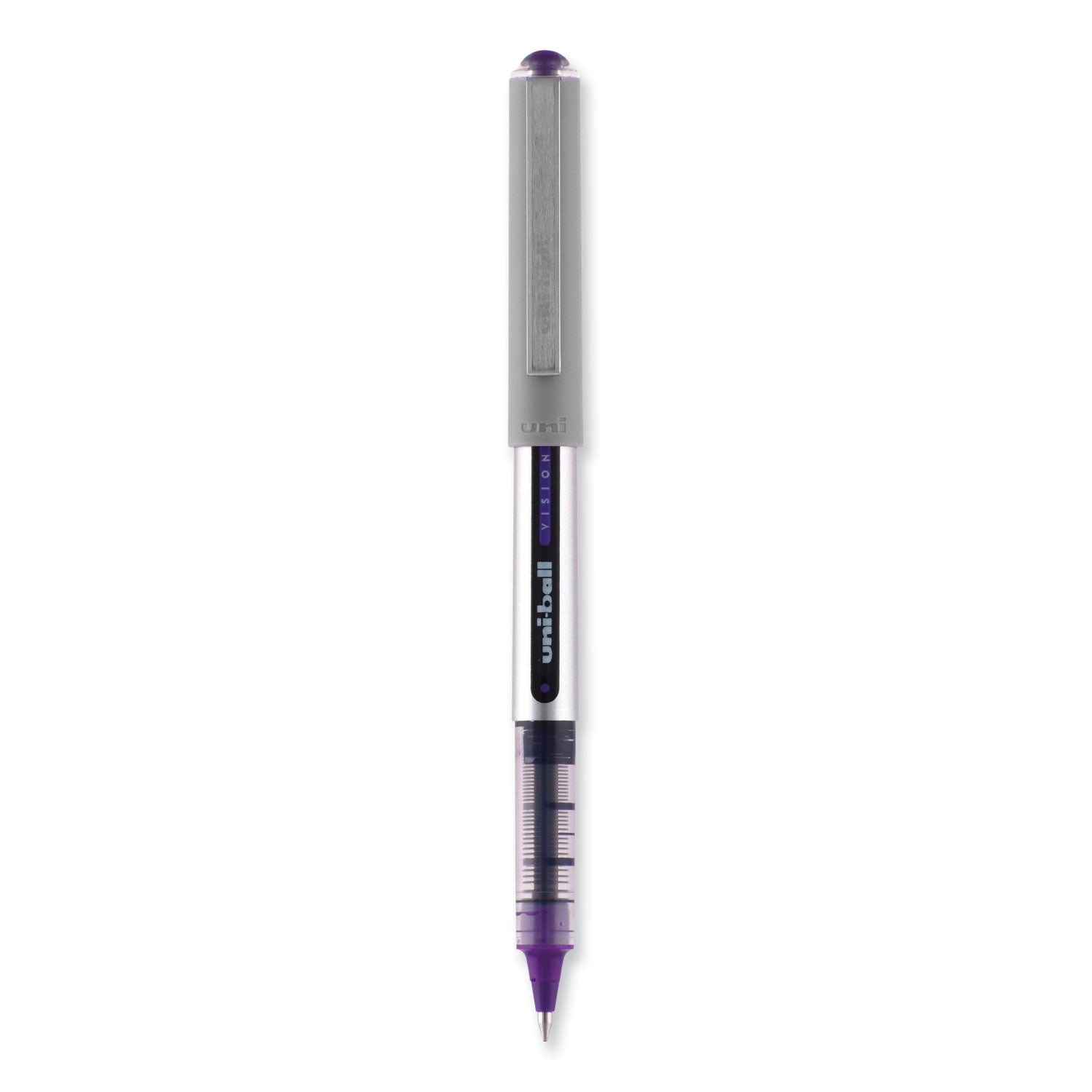 uniball® VISION Rollerball Pen, Stick, Fine 0.7 mm, Violet Ink, Silver/Violet/Clear Barrel, Dozen