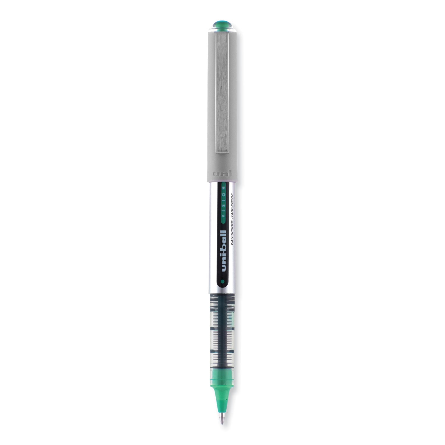 uniball® VISION Rollerball Pen, Stick, Fine 0.7 mm, Green Ink, Silver/Green/Clear Barrel, Dozen