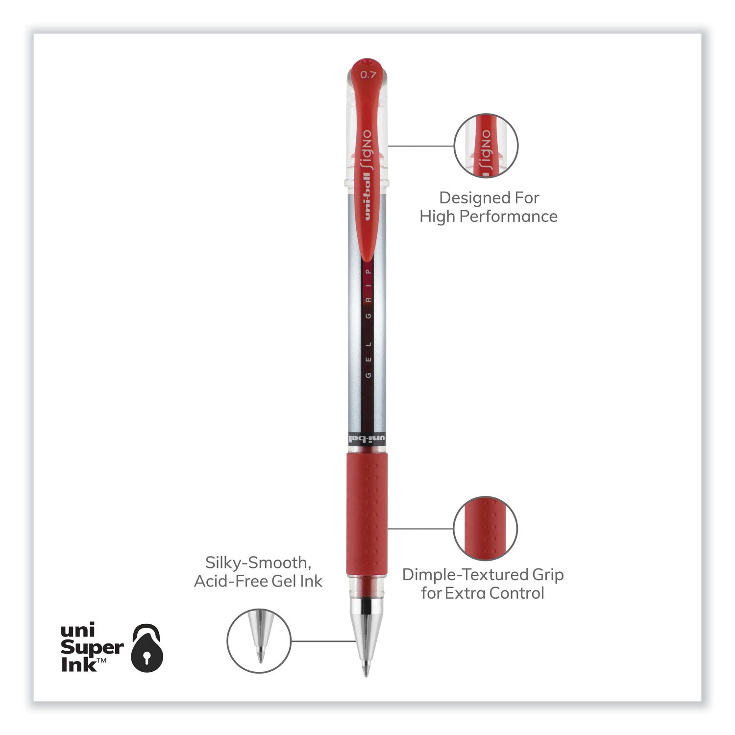 uniball® Signo GRIP Gel Pen, Stick, Medium 0.7 mm, Red Ink, Clear/Red/Silver Barrel, Dozen