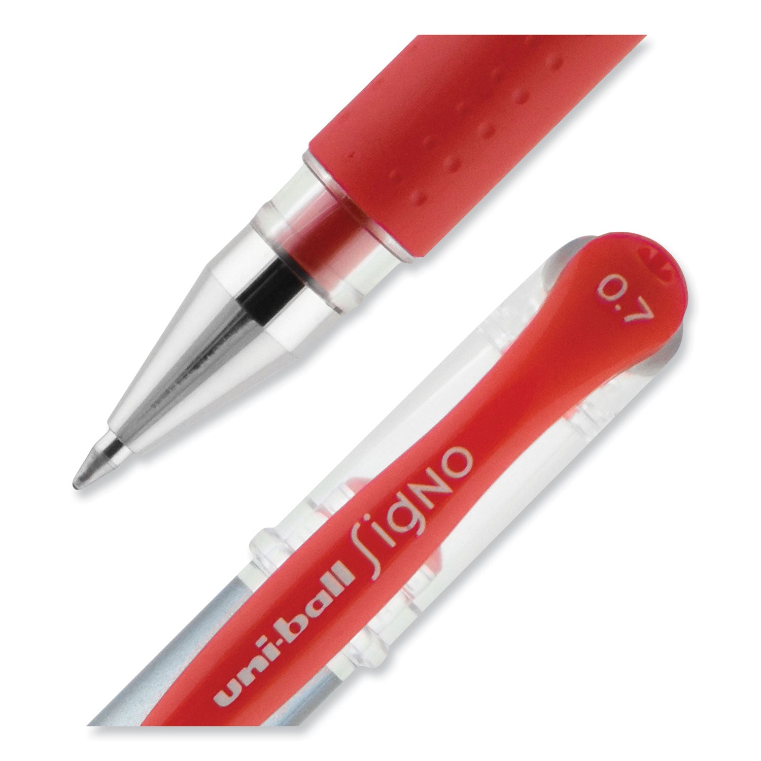 uniball® Signo GRIP Gel Pen, Stick, Medium 0.7 mm, Red Ink, Clear/Red/Silver Barrel, Dozen
