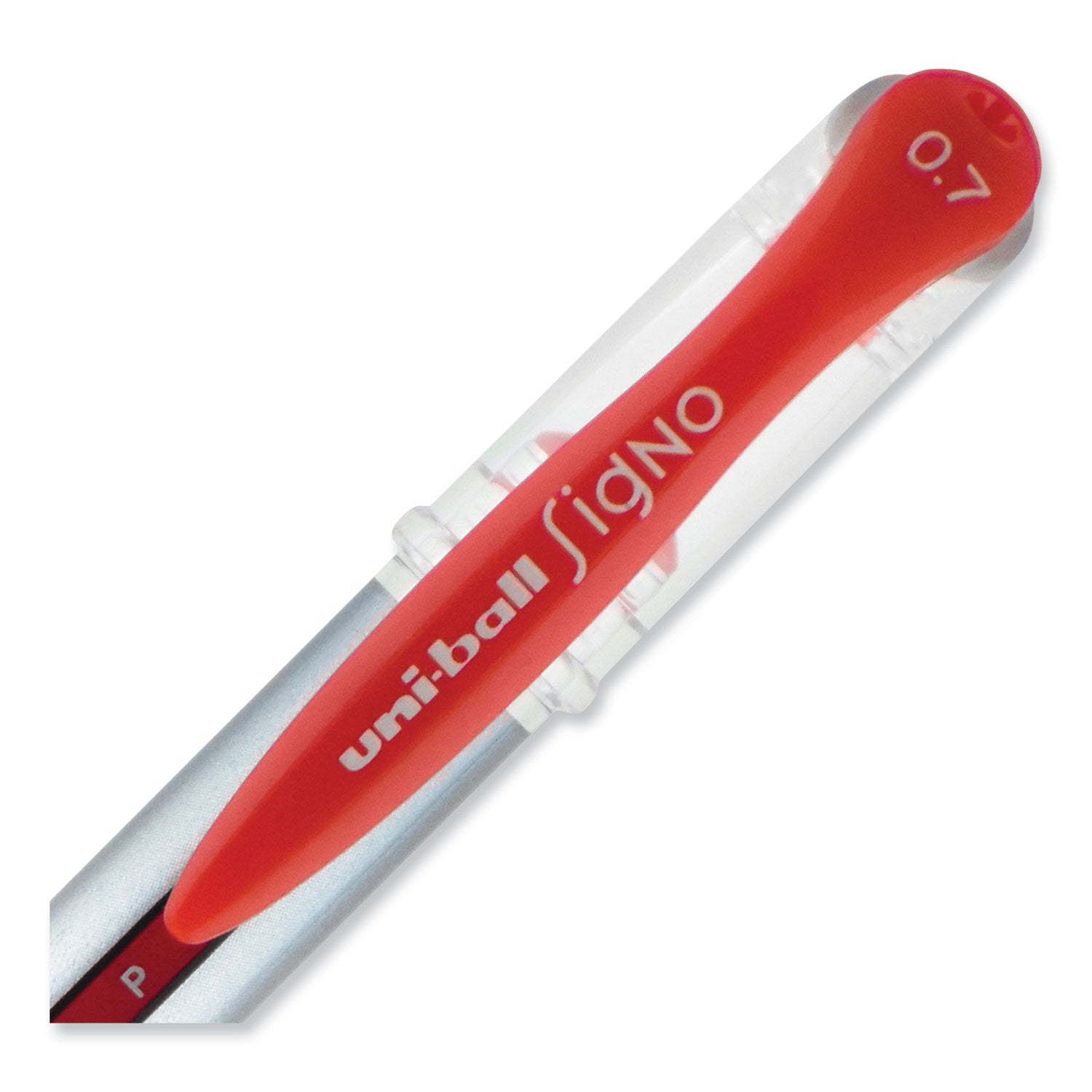 uniball® Signo GRIP Gel Pen, Stick, Medium 0.7 mm, Red Ink, Clear/Red/Silver Barrel, Dozen