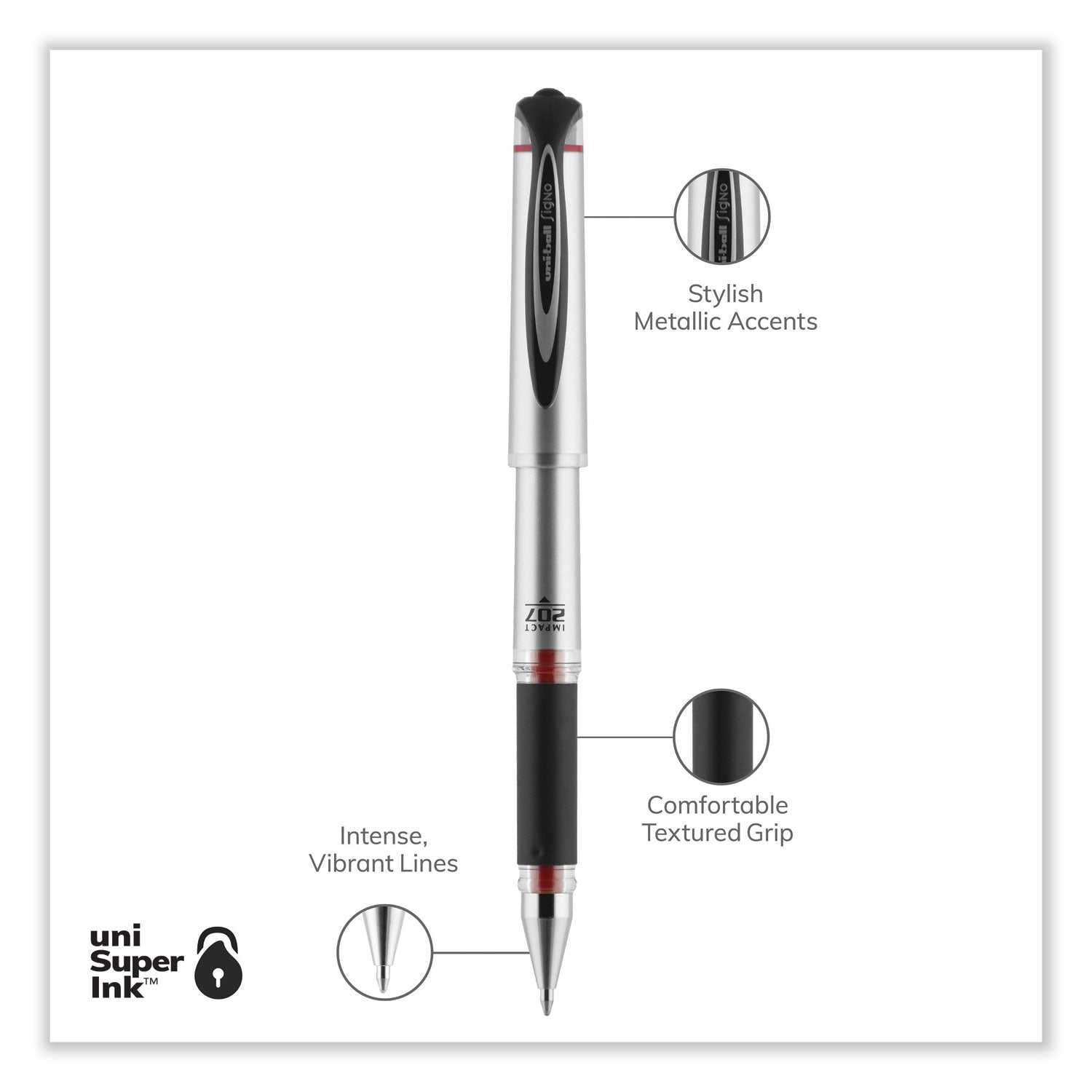 uniball® 207 Impact Gel Pen, Stick, Bold 1 mm, Red Ink, Silver/Black/Red Barrel
