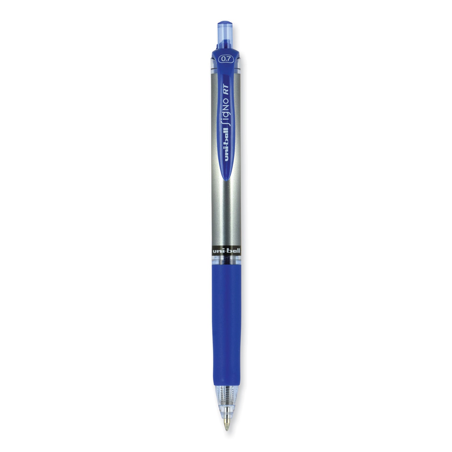 uniball® Signo Gel Pen, Retractable, Medium 0.7 mm, Blue Ink, Silver/Blue Barrel, Dozen