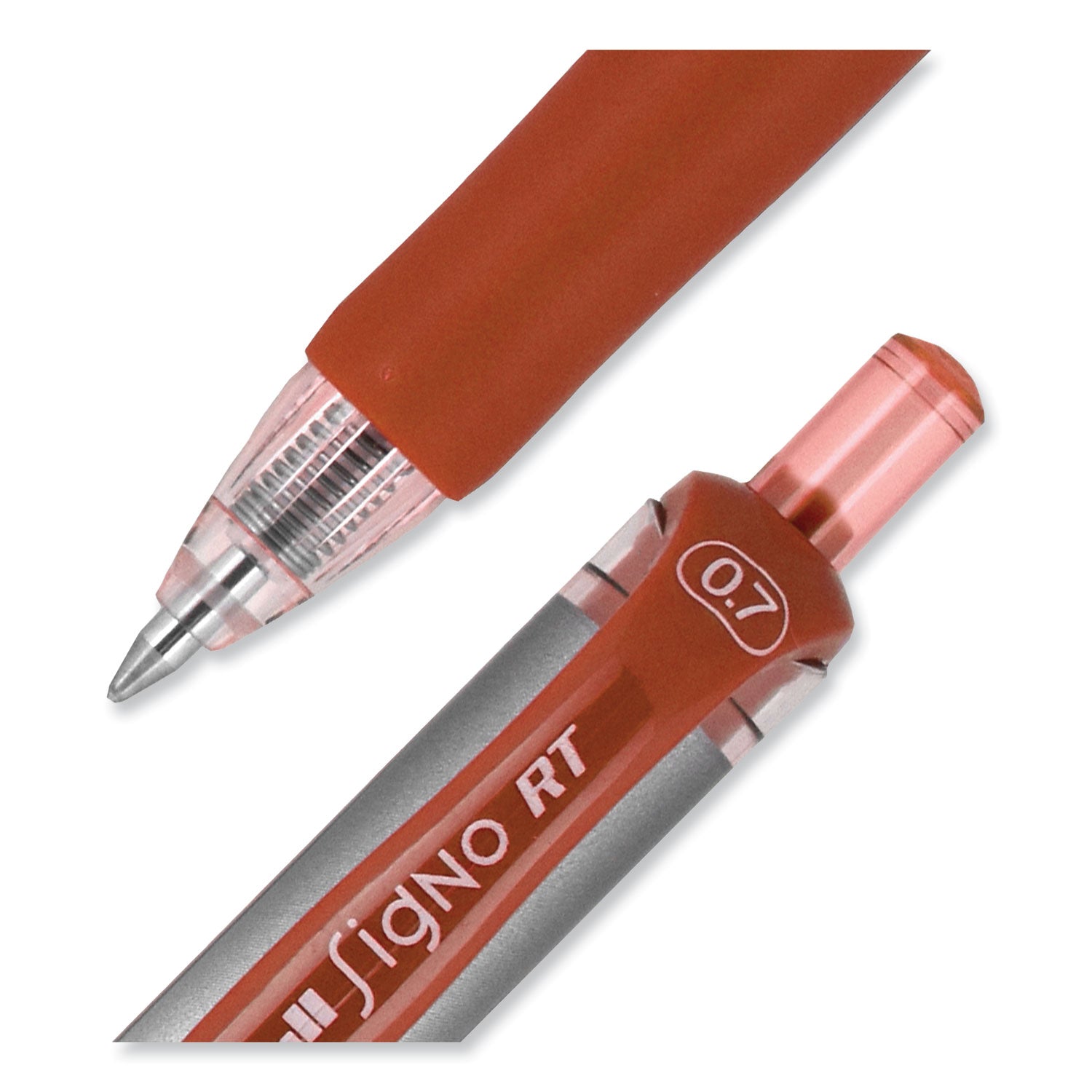 uniball® Signo Gel Pen, Retractable, Medium 0.7 mm, Red Ink, Silver/Red Barrel, Dozen