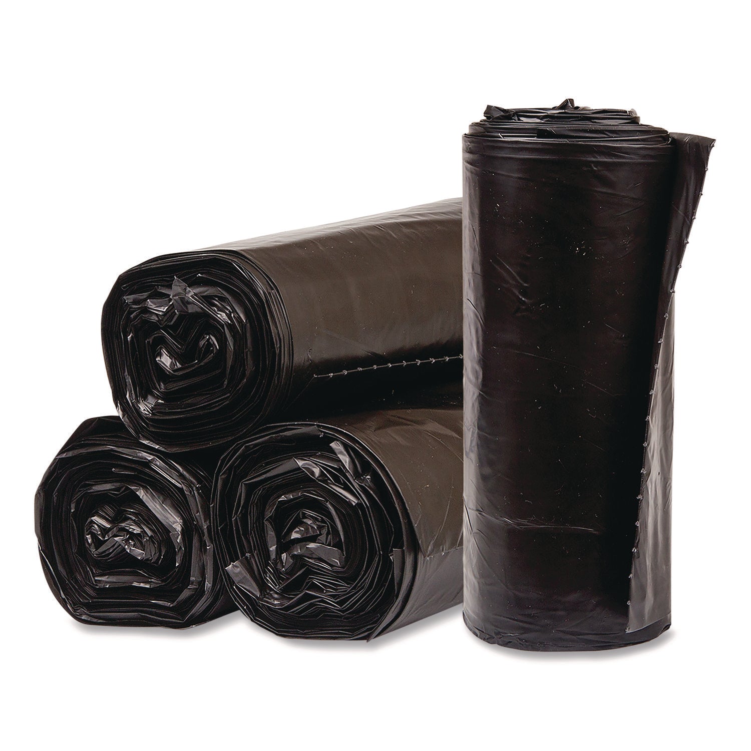 Pitt Plastics Eco Strong Can Liners, 60 gal, 1.35 mil, 38" x 58", Black, Perforated Roll, 100/Carton