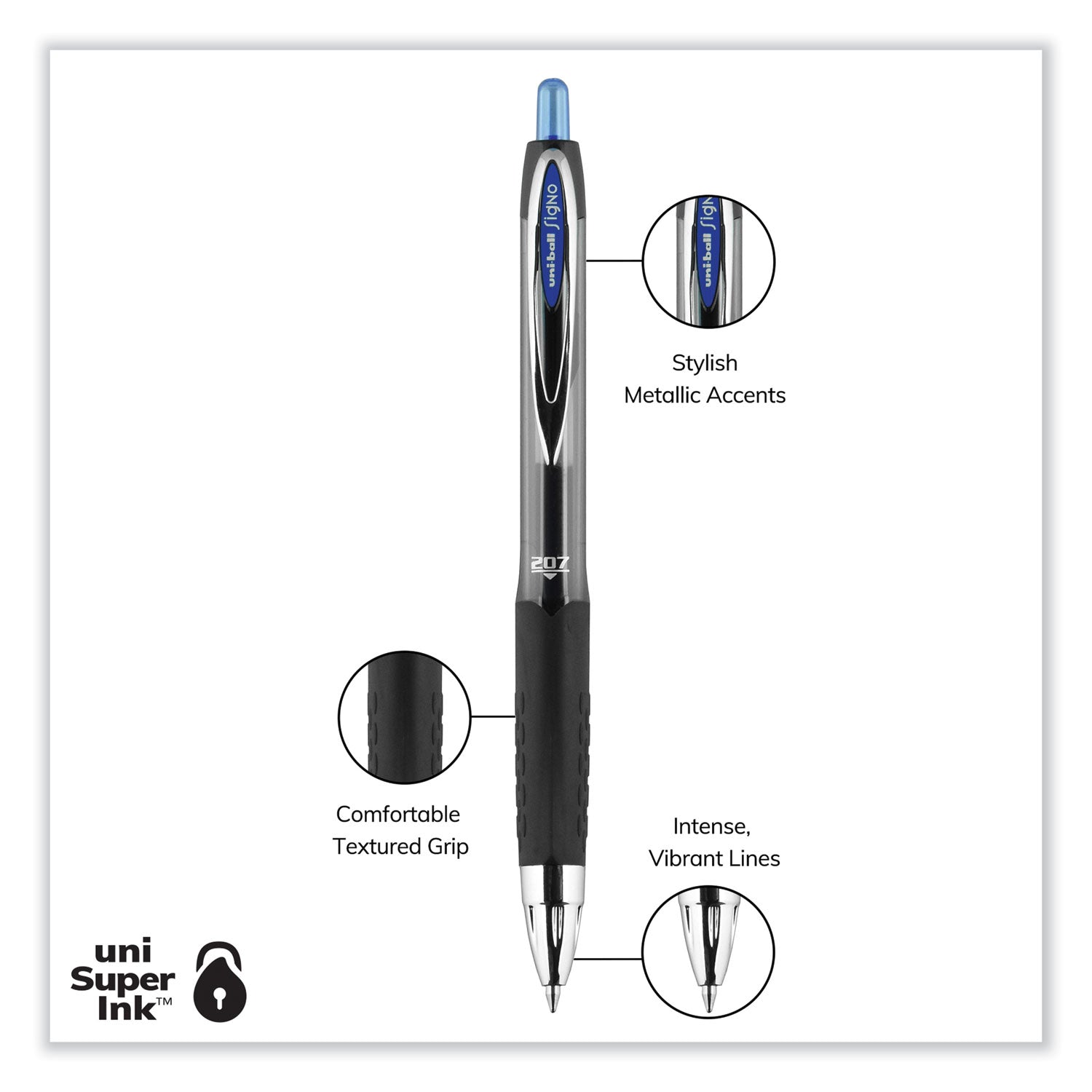 uniball® Signo 207 Gel Pen, Retractable, Medium 0.7 Mm, Blue Ink, Smoke/black/blue Barrel, Dozen