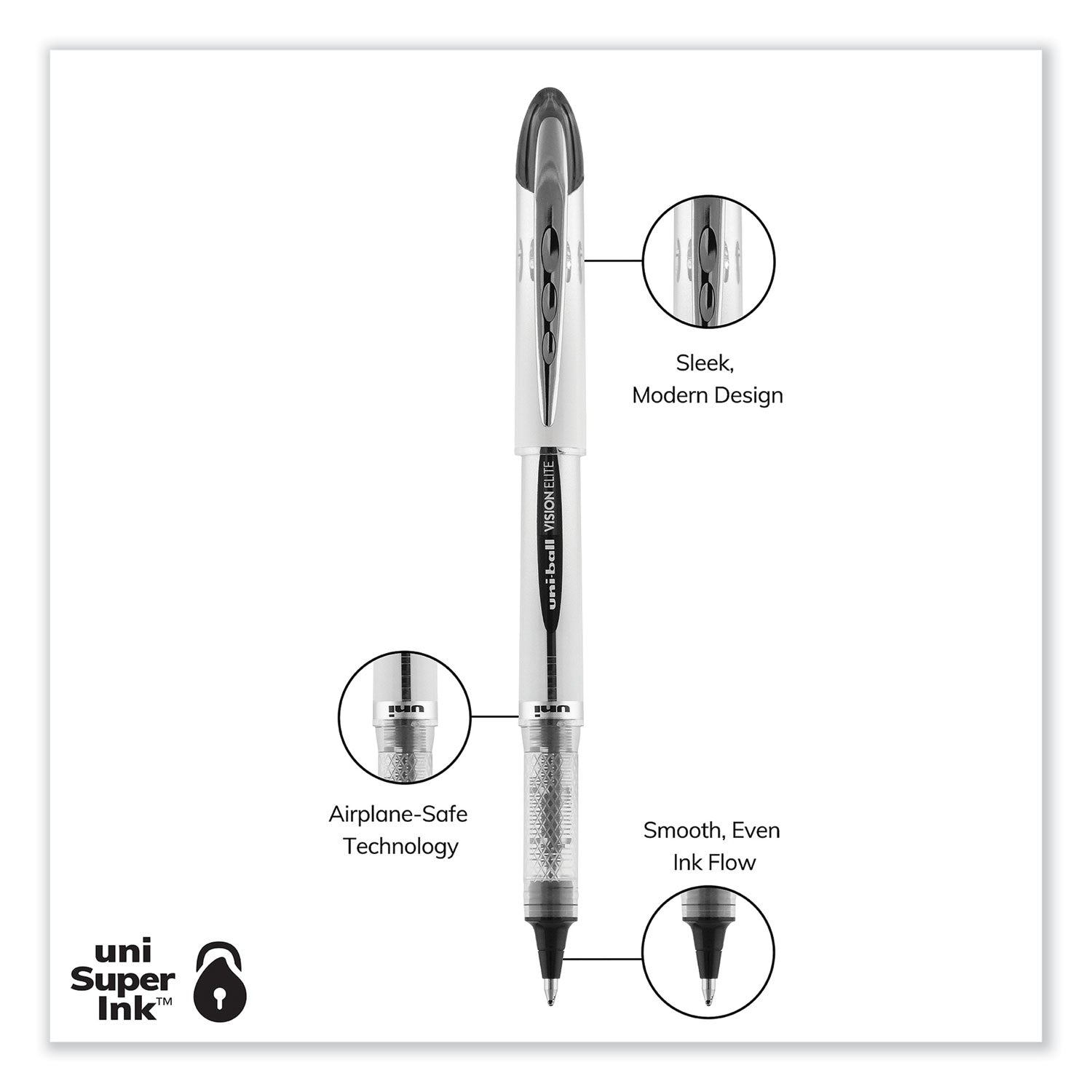 uniball® VISION ELITE Hybrid Gel Pen, Stick, Bold 0.8 mm, Black Ink, White/Black/Clear Barrel