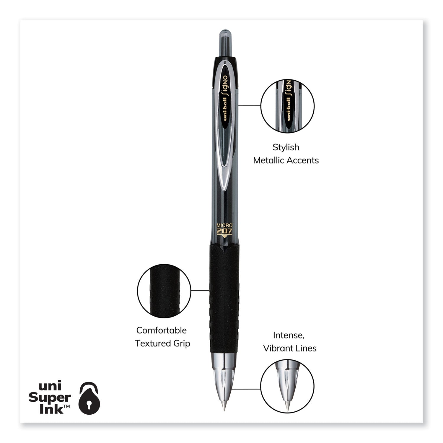 uniball® Signo 207 Gel Pen, Retractable, Fine 0.5 mm, Black Ink, Smoke/Black Barrel, Dozen
