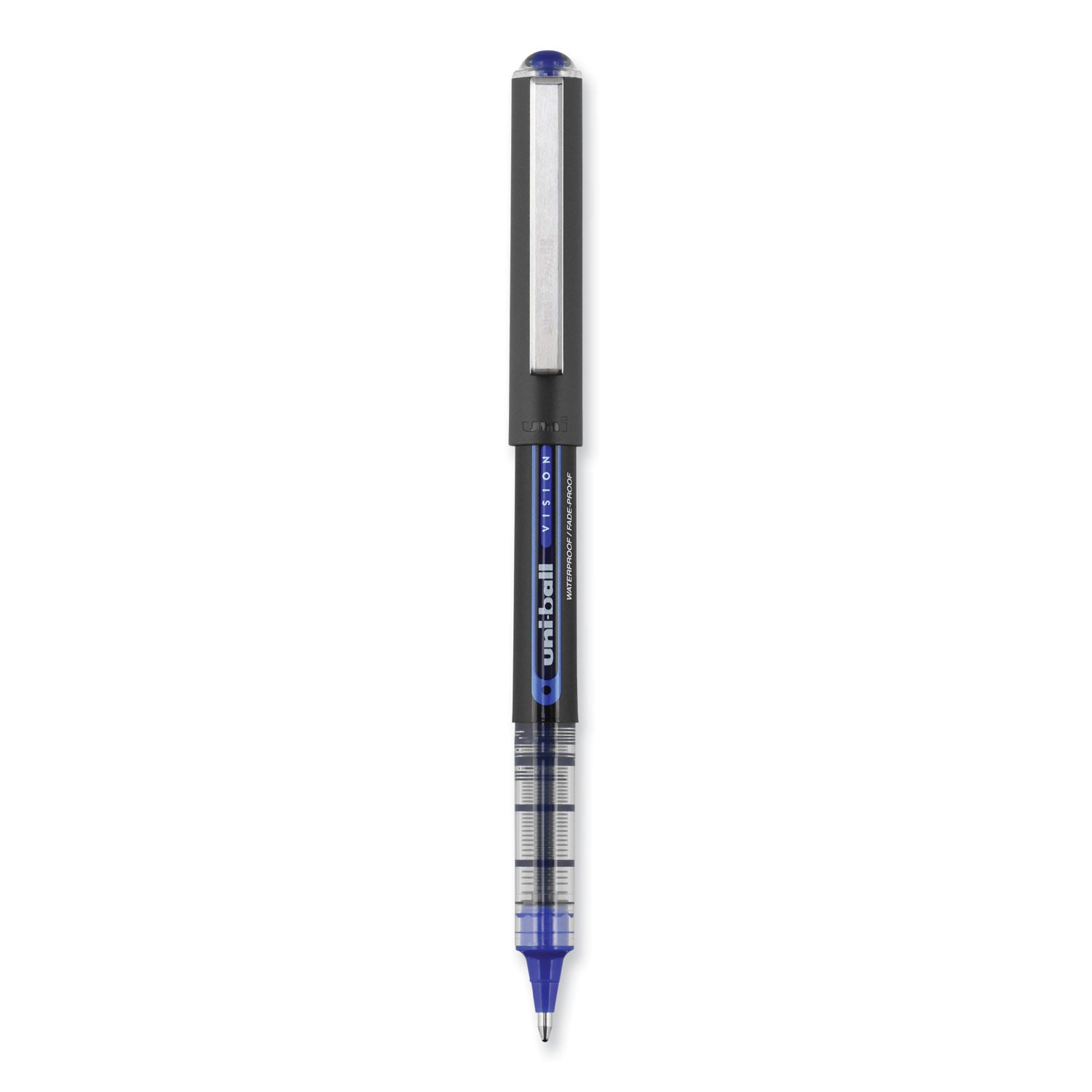 uniball® VISION Rollerball Pen, Stick, Bold 1 mm, Blue Ink, Black/Blue/Clear Barrel, Dozen